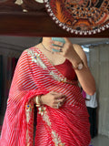 Red Leheriya|Kaccha Gota work| With blouse| Chiffon