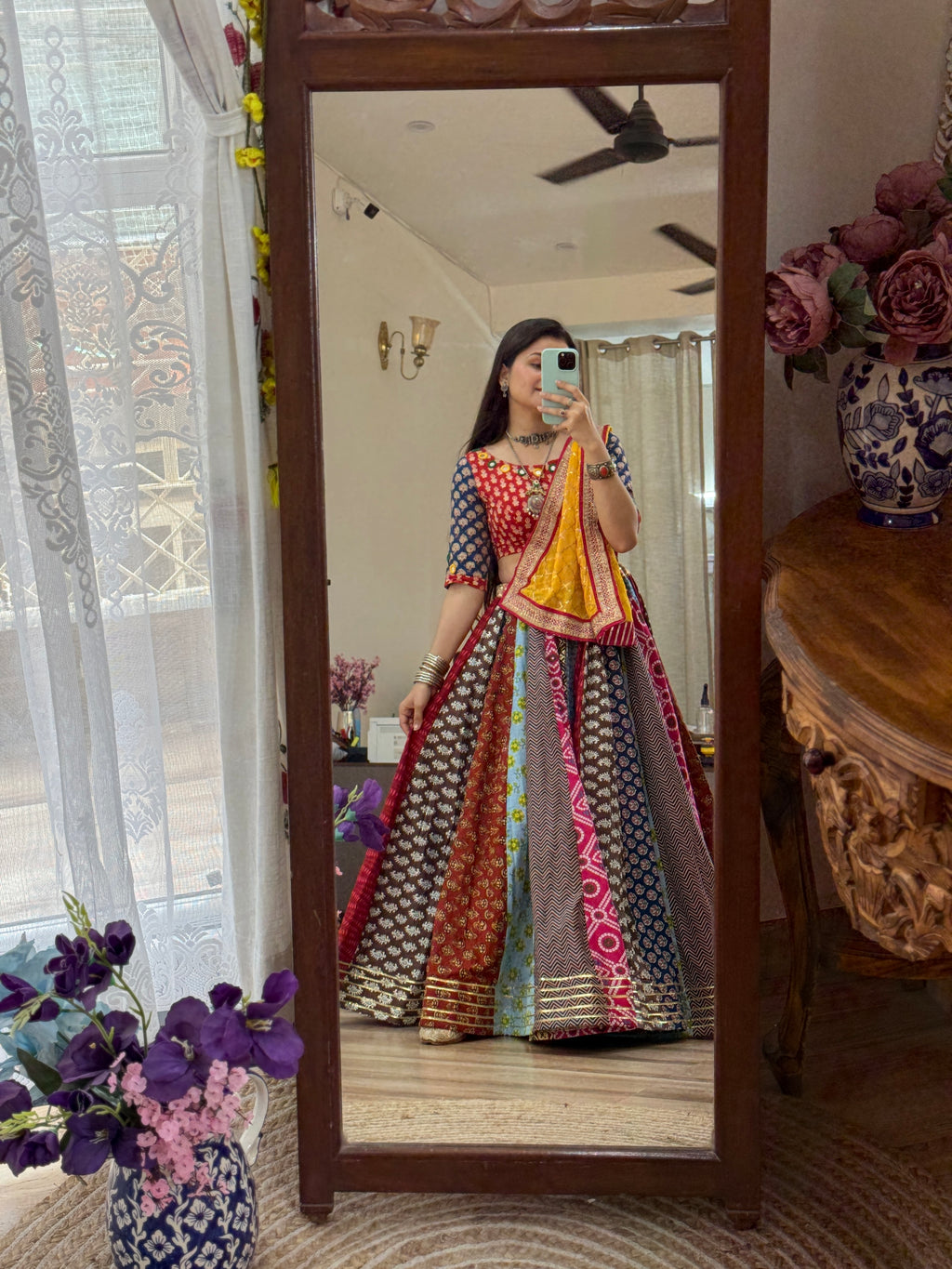 Garba Skirt| Cotton Block Printed Fabric| With inner| Gota pattiwork | 9-10 meters flair