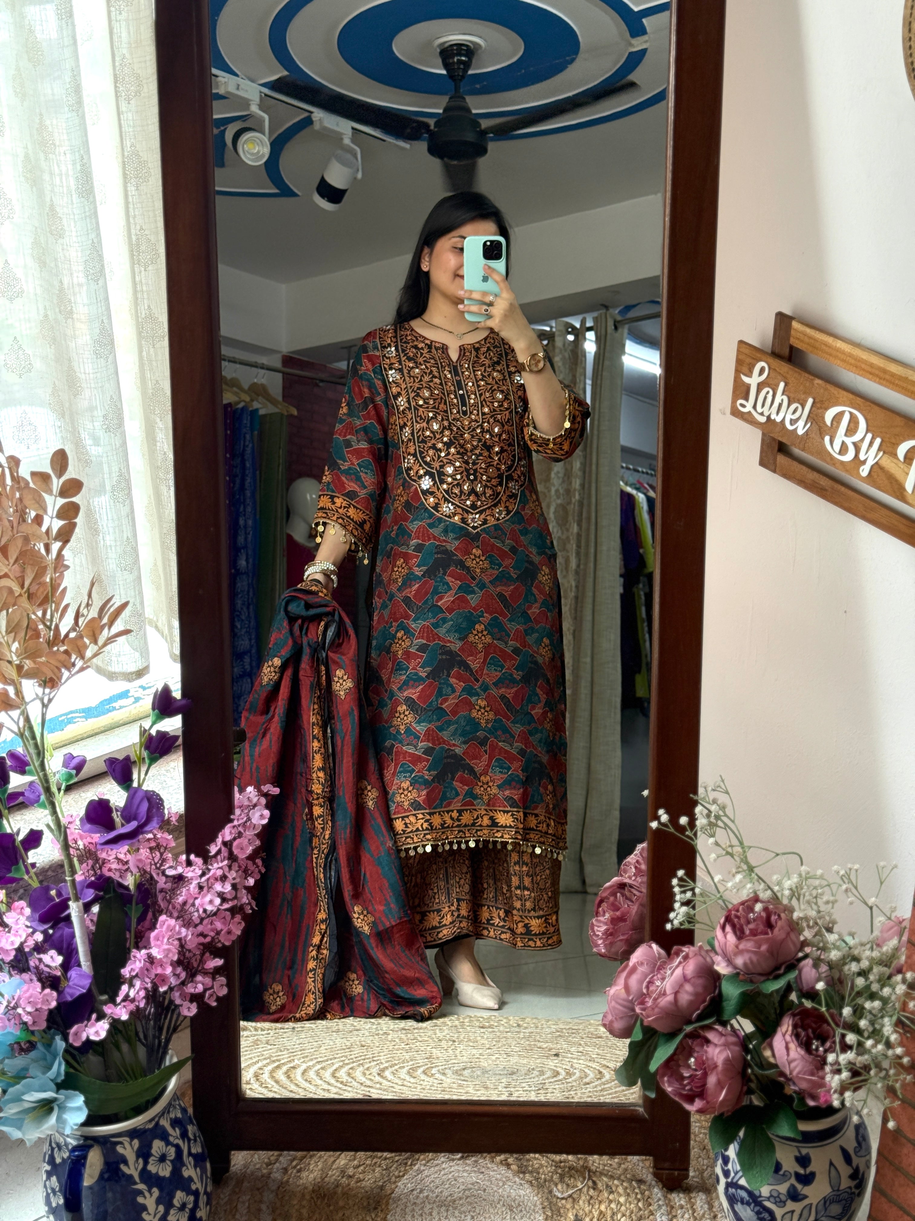 Ajrakh Printed Suit Set with Hand Embroidered Designer sleeves and bottom with Duppata | within lining