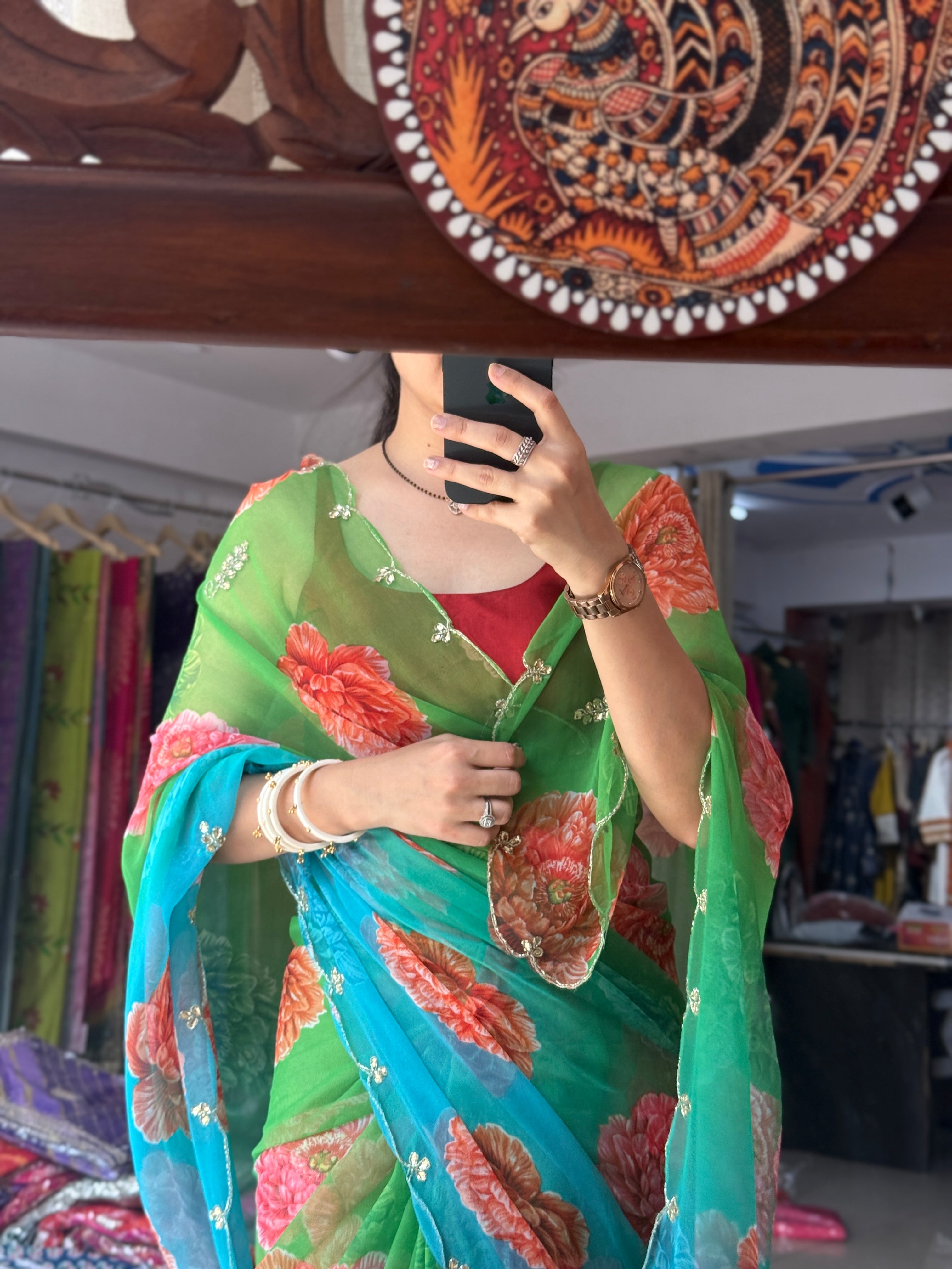 Mor Pankh Pure Georgette Digital Printed Saree| Handwork cutdana detailing| Without blouse