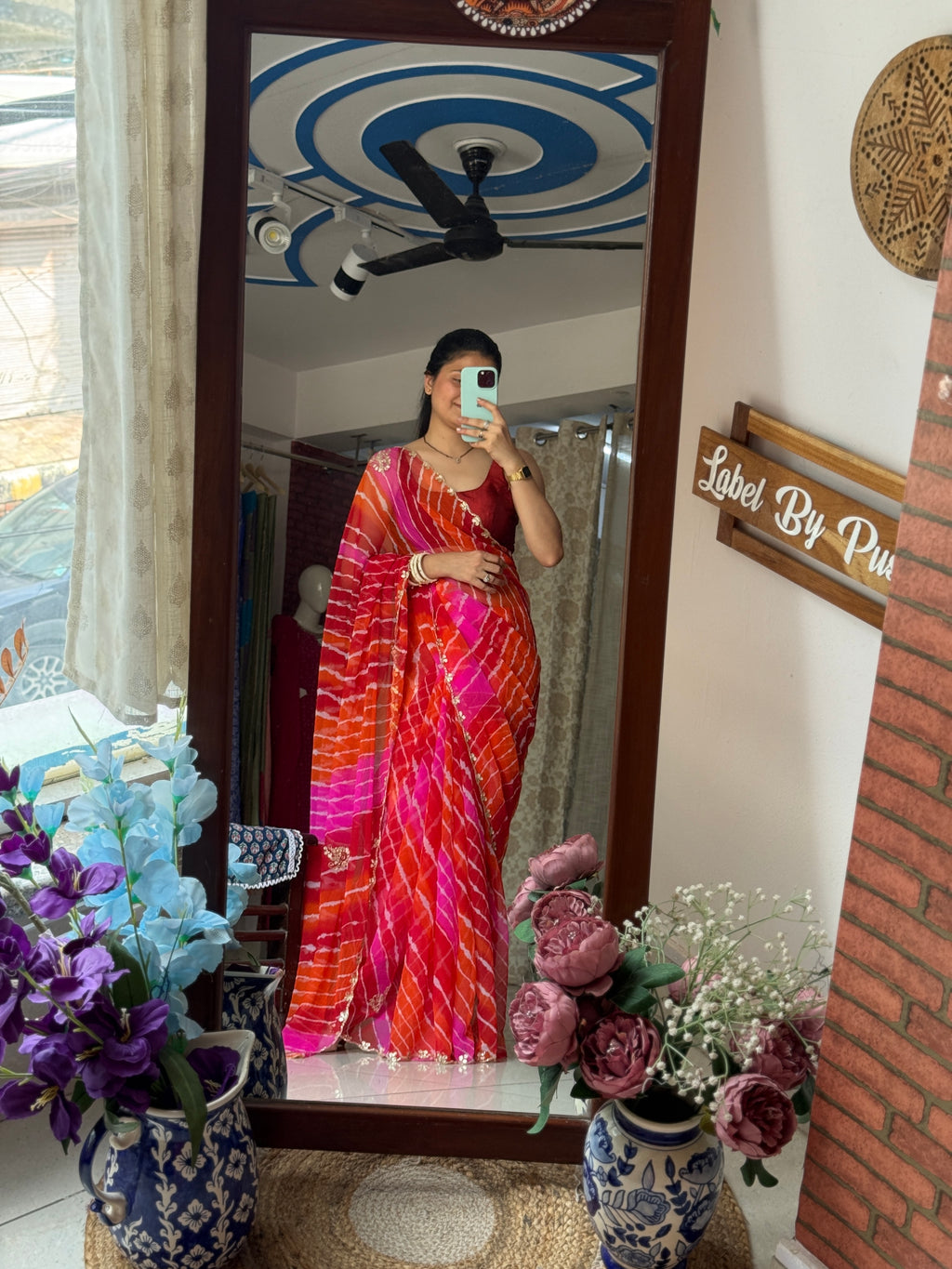 Orange Pink Pure Georgette Handblock Digital Printed Saree| Handwork cutdana buta detailing| With blouse