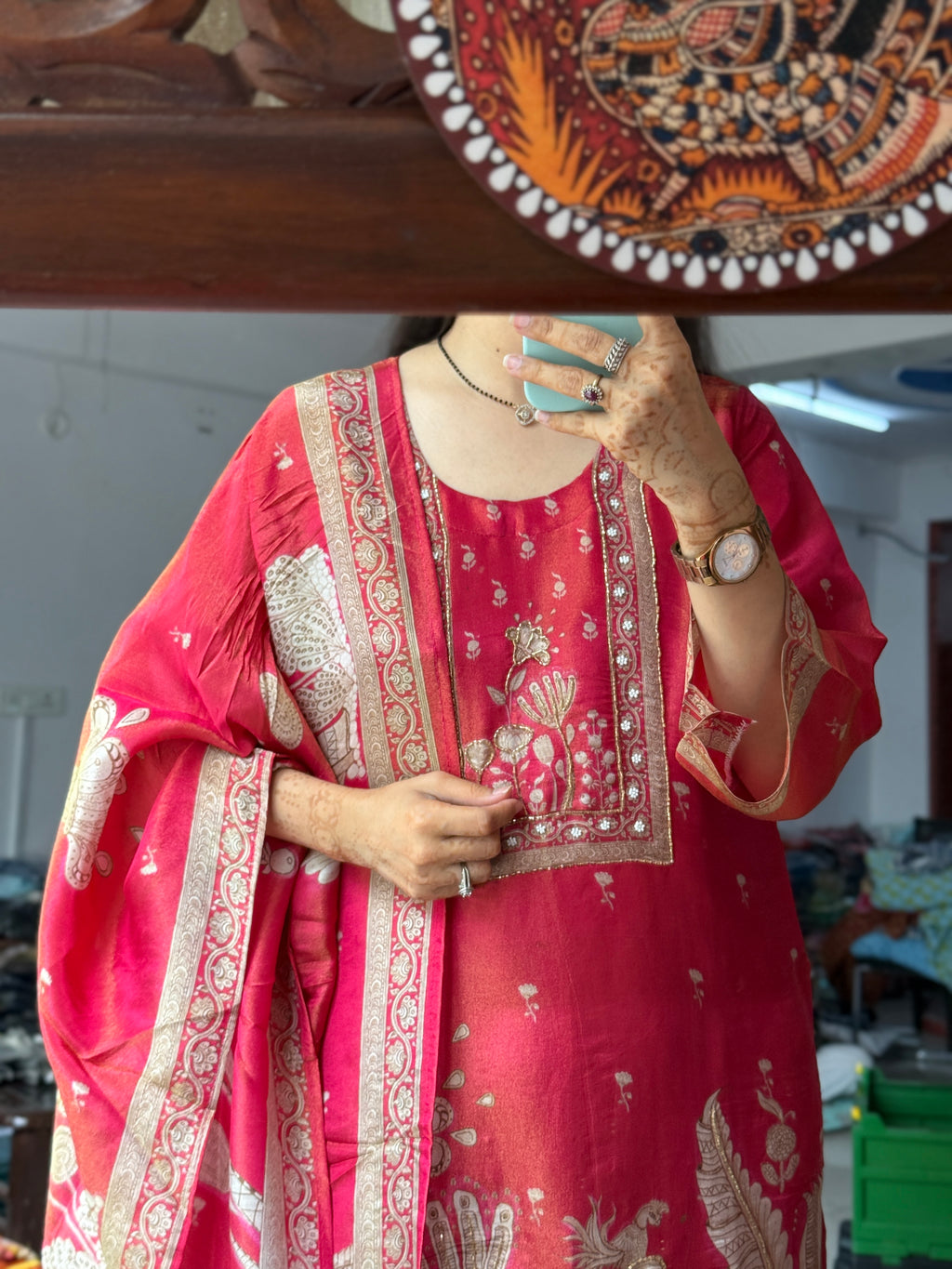Crimson Tissue Shimmer  Suit Set |with lining | Hand Embroidered| Salwar