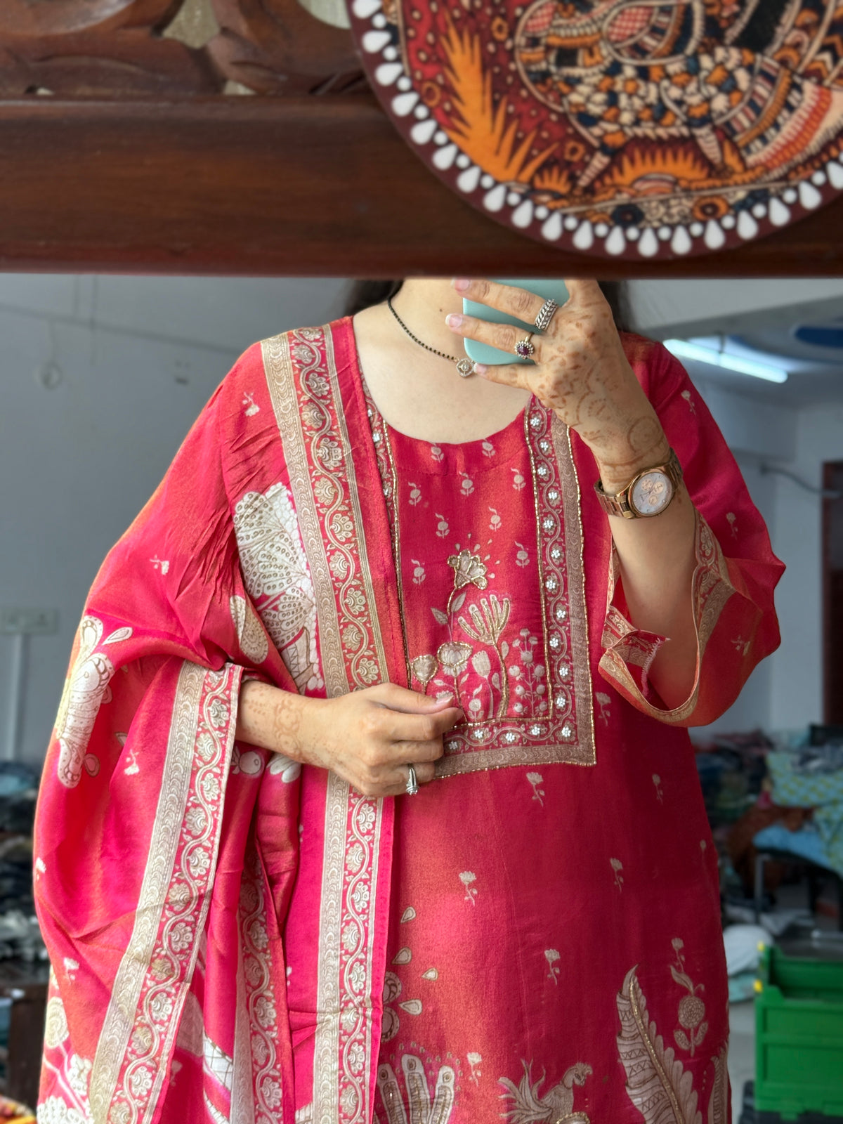 Crimson Tissue Shimmer  Suit Set |with lining | Hand Embroidered| Salwar