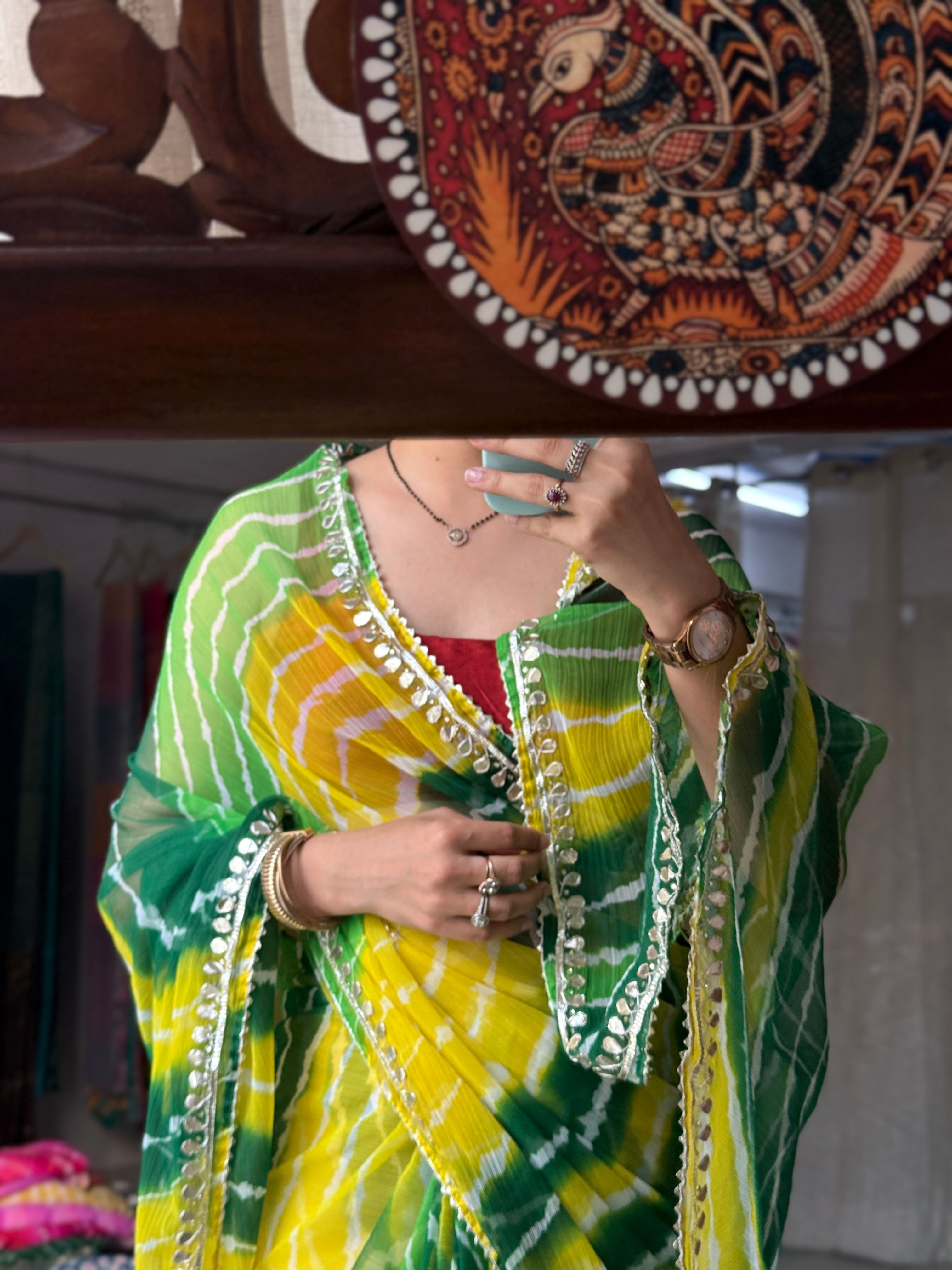 Dual Green Chiffon Leheriya Saree|  Handwork Gota patti work| With blouse