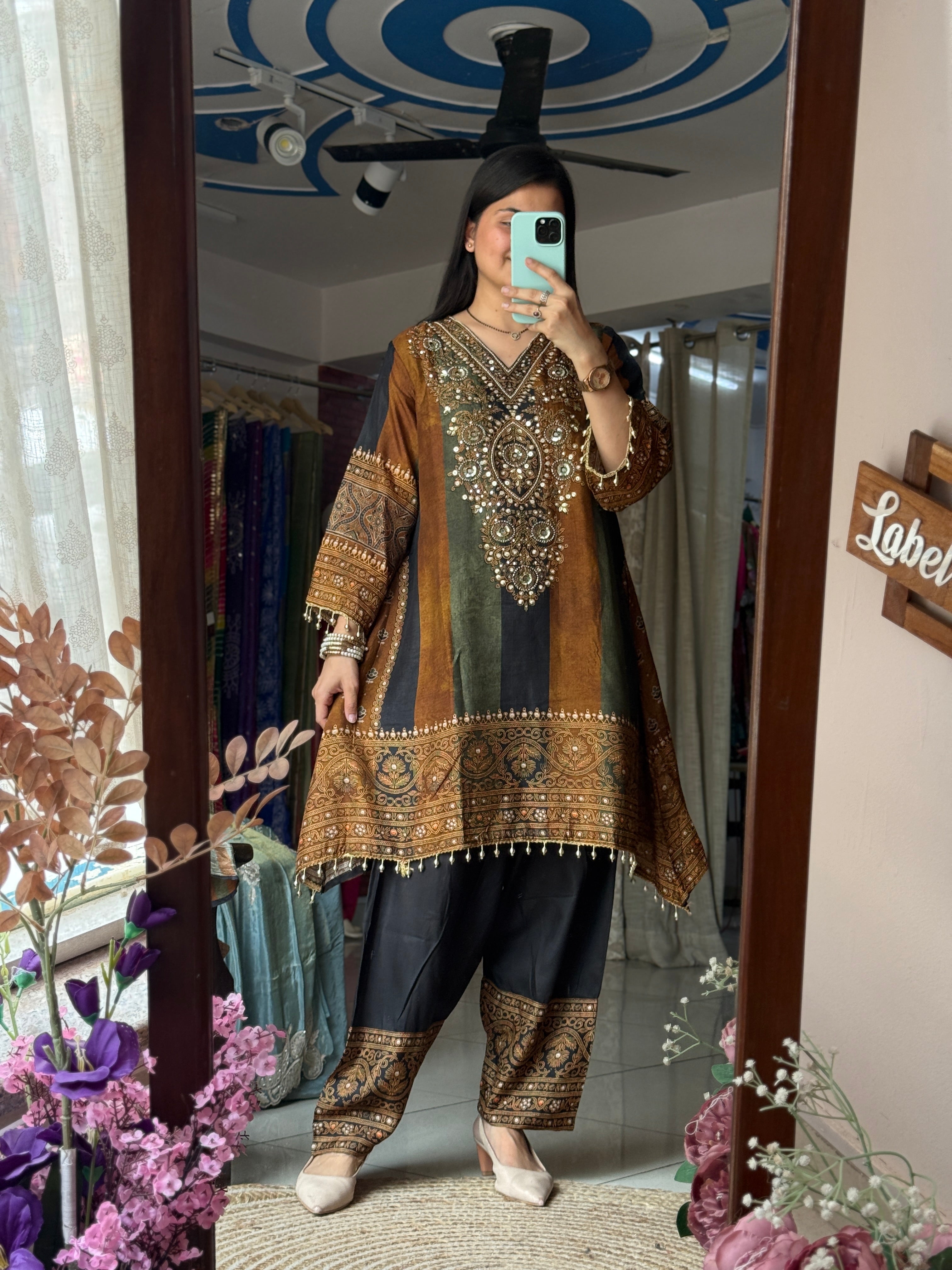 Muslin Partywear Suit |Hand Embroidered | Cotton lining| With beautiful Duppata | Designer back print |Farshi Salwar