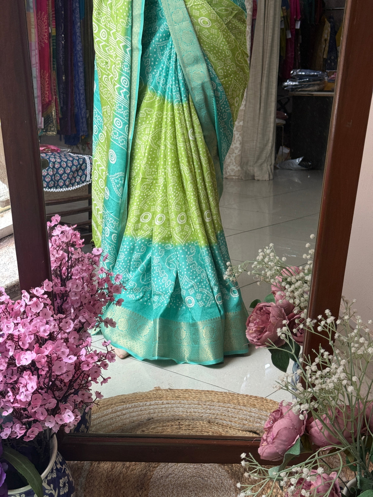 Firozi Green Bandhani Saree|  Woven border on both sides| With blouse| Self weave dola silk