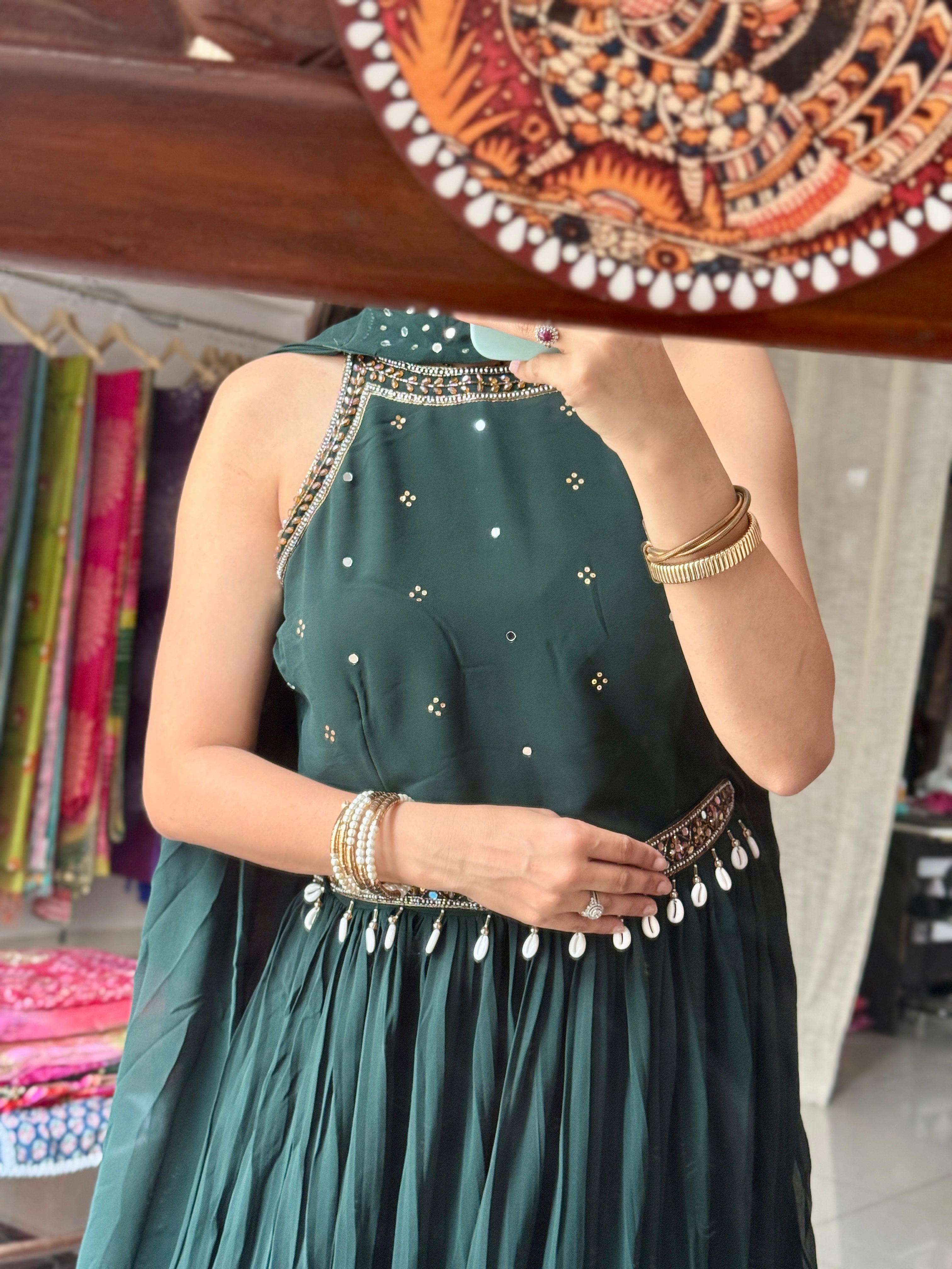 Green Partywear Hand embroidered Dress| Extra sleeves| Comes with hand embroidered belt| Duppata for styling| Rakhi Special