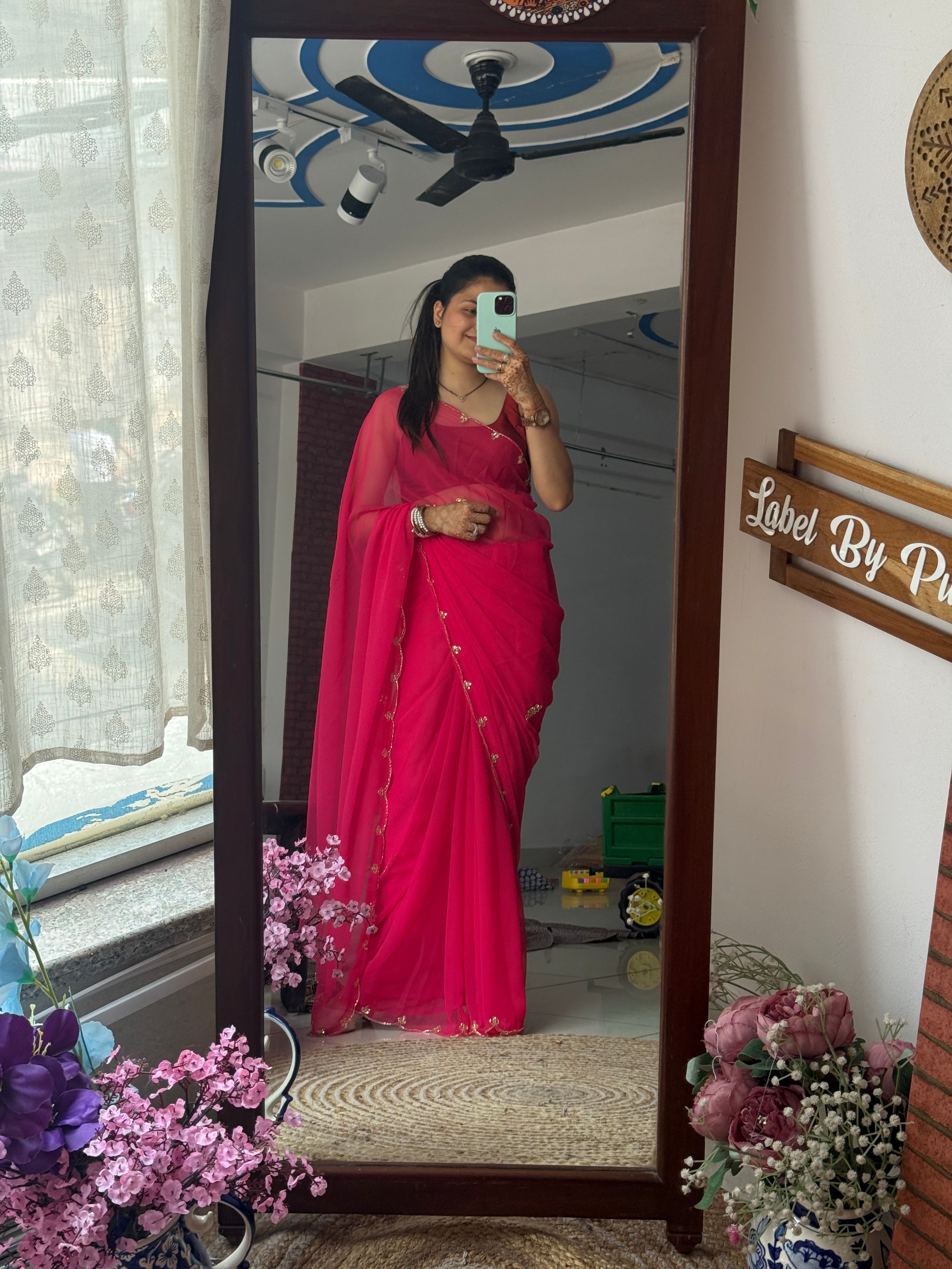 Rani Pink Pure Georgette Saree| Handwork cutdana detailing| With blouse