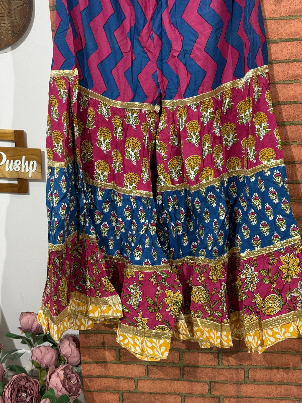 Blue Pink Sharara Set | Cotton | Gotta Work| Heavy Flair| Organza Duppata