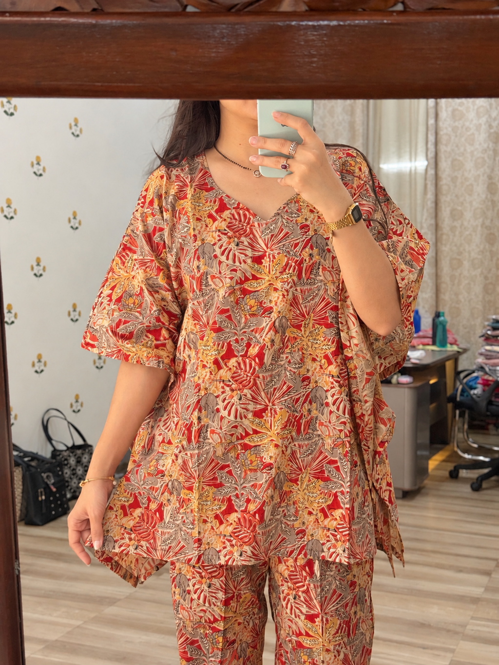 Pure Cotton abstract botanical Handblock Printed| kaftan Sets| Bottom with pocket