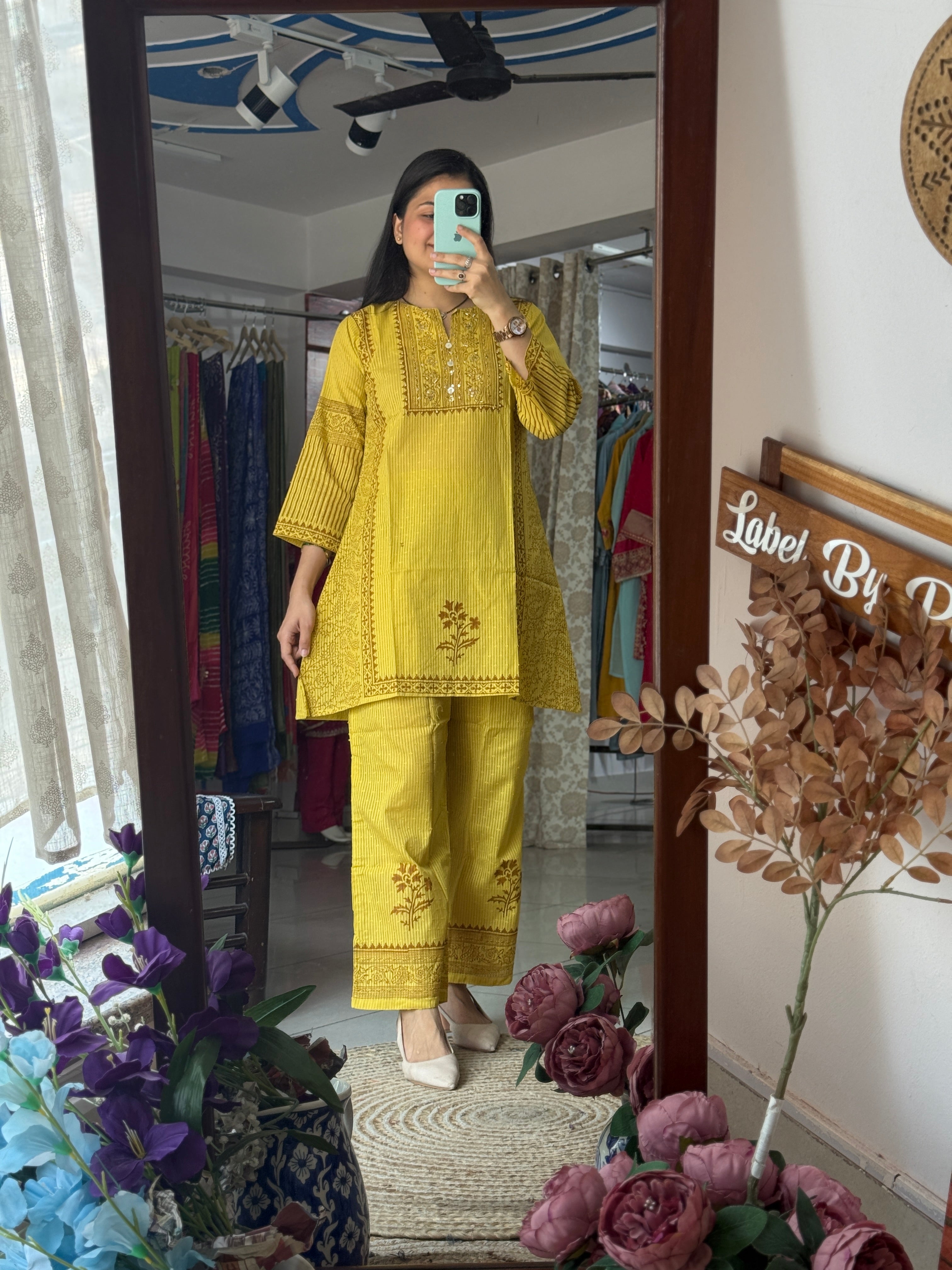Hand embroidery cotton co ord set| Block printed