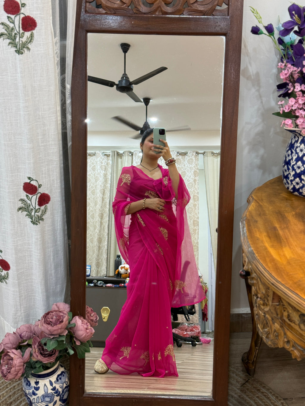 Rani Pink Zari Embroidered| Georgette Sarees| Without Blouse