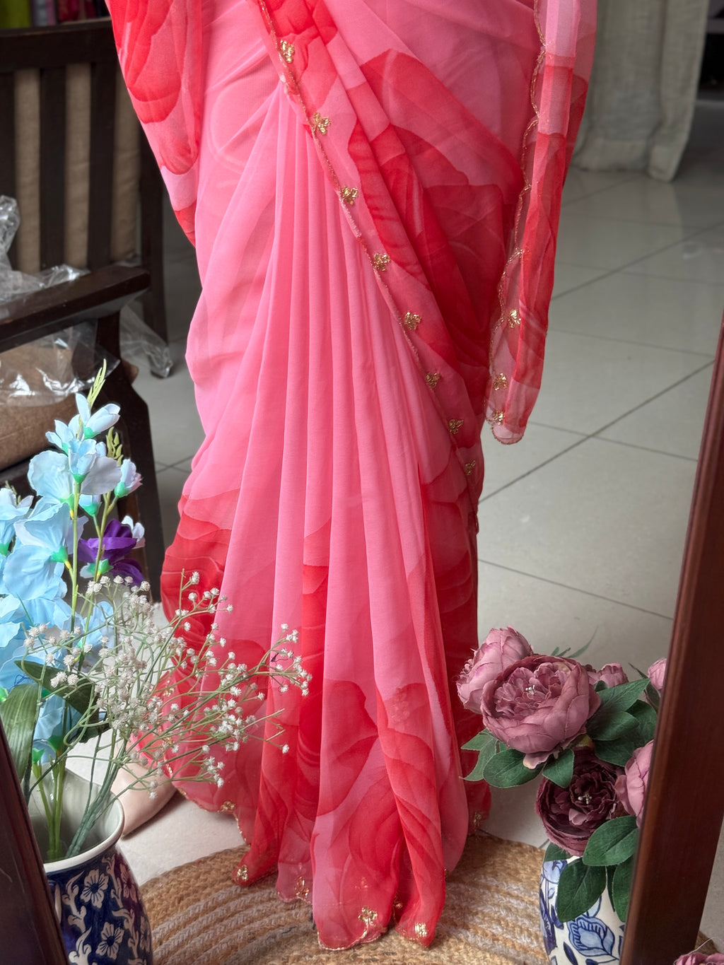 Pink Pure Georgette Handblock Digital Printed Saree| Handwork cutdana detailing| Without blouse