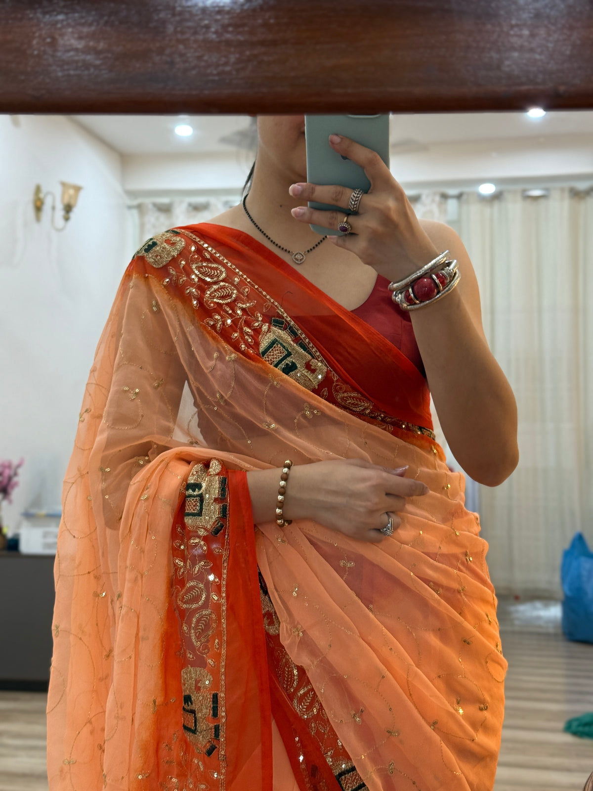 Peach Orange Zari Embroidered| Georgette Sarees| Without Blouse