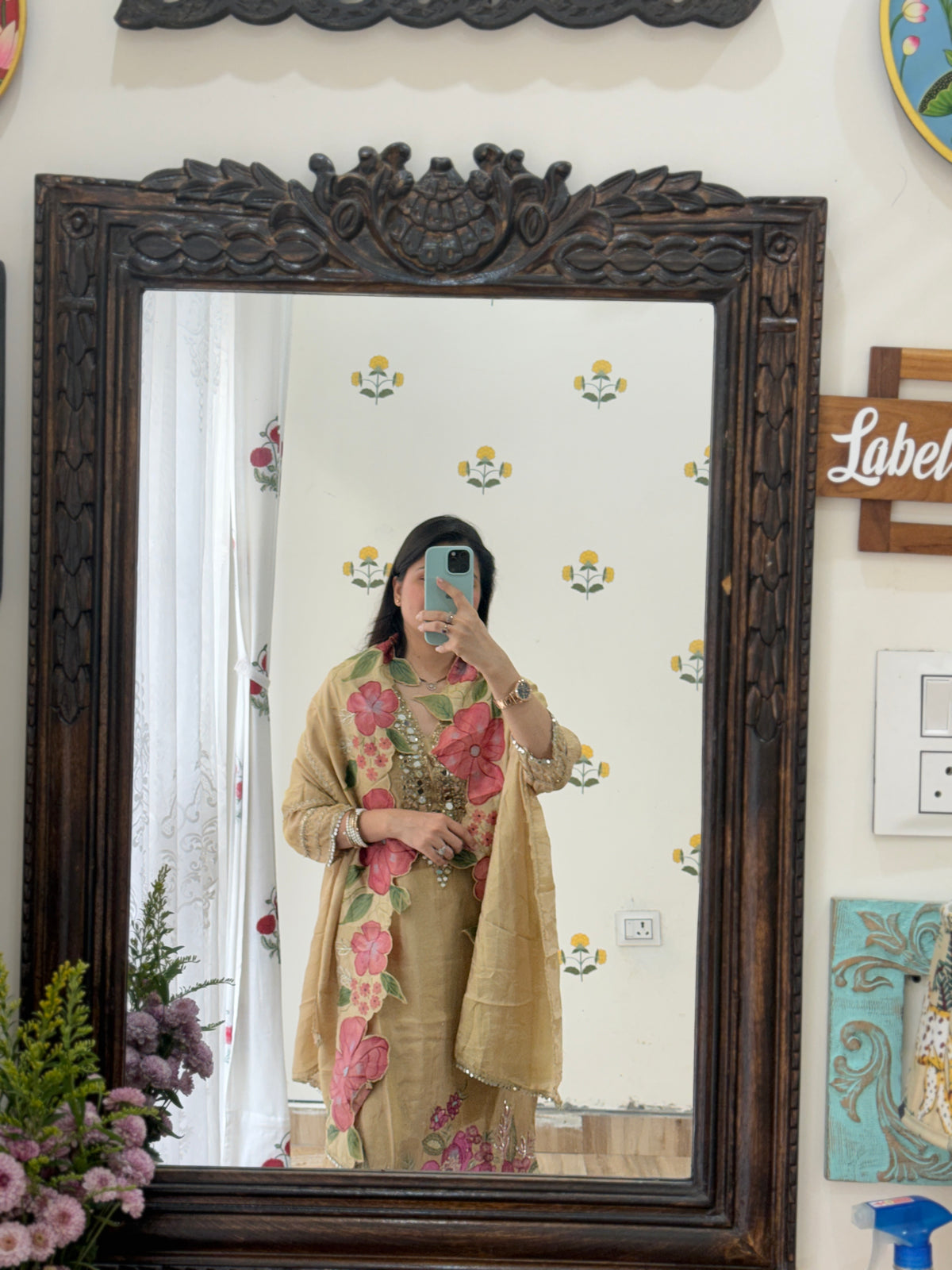 Handpainted Golden Tissue Shimmer Suit|Real Mirrorwork |With lining| Beautiful Cutwork Duppata