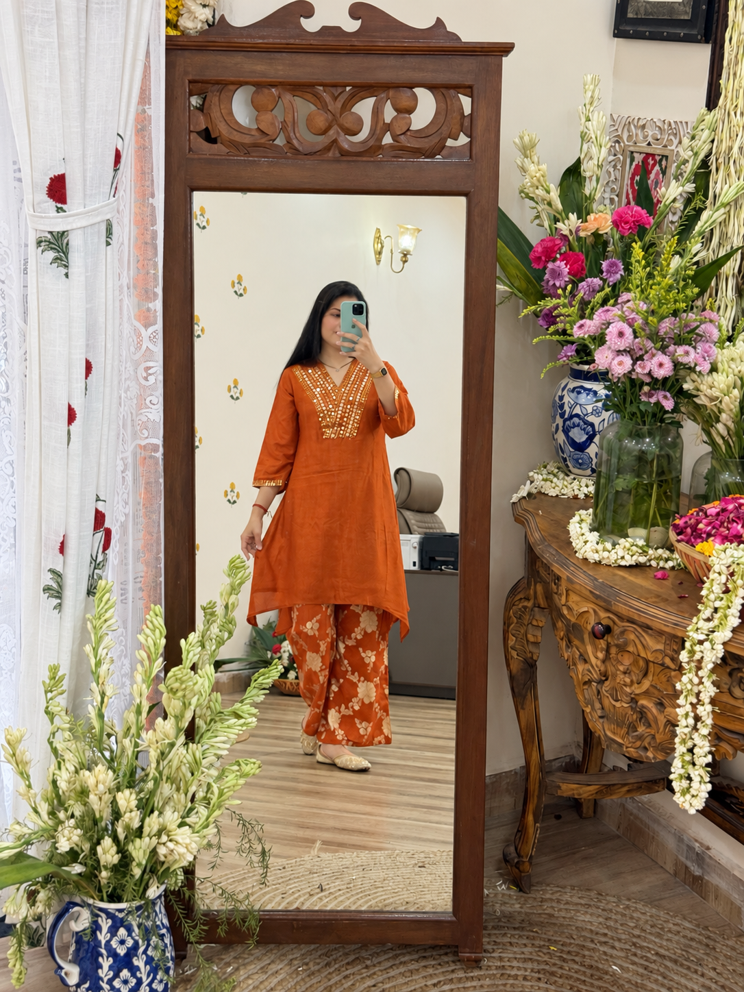 Orange Co Ord Set| Dola Silk | Cotton lining in top + bottom | soft Brocade Silk Pants