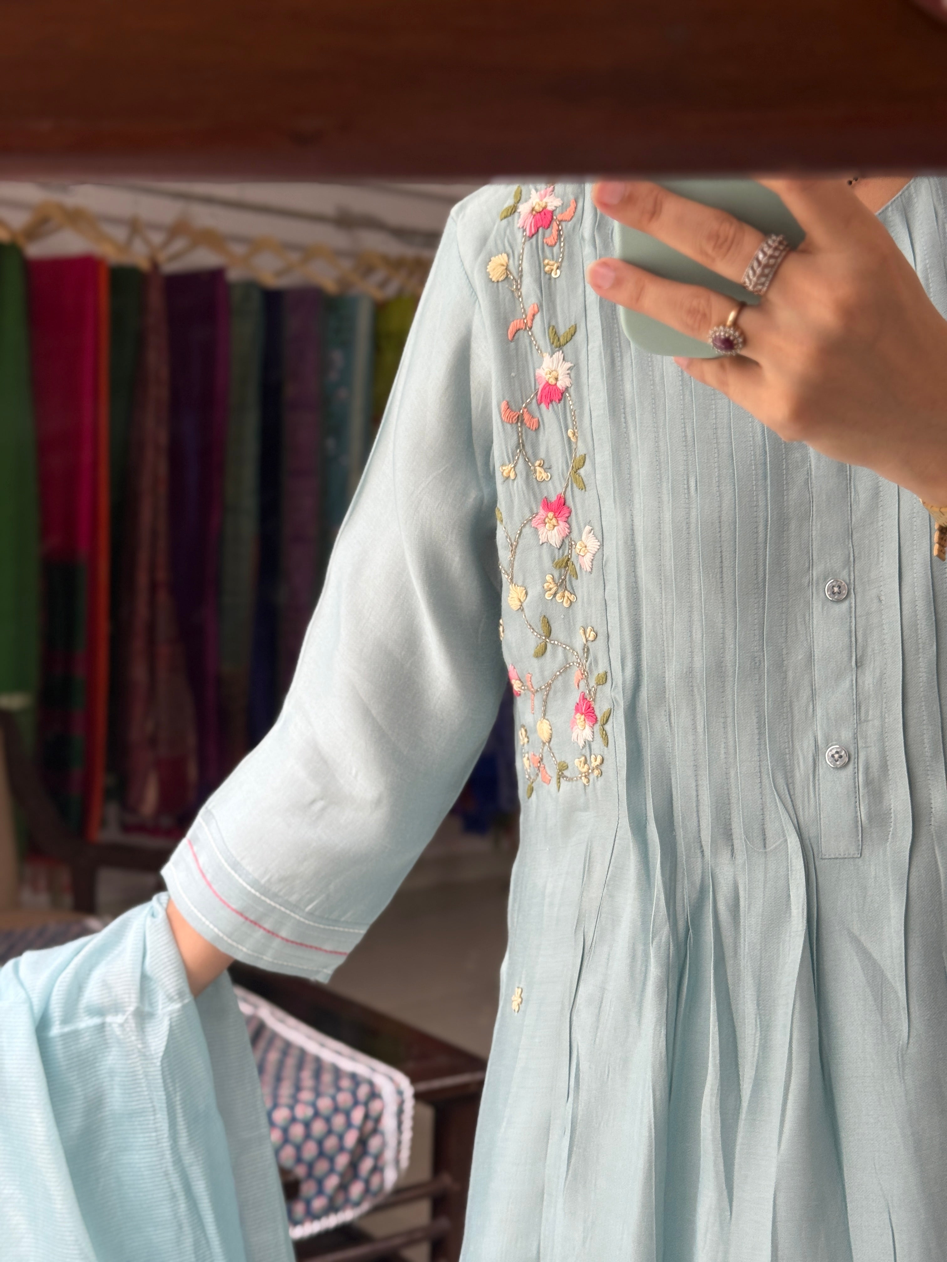 Aqua Blue Hand embroidered| Partywear| With lining| pants and embroidered Duppata