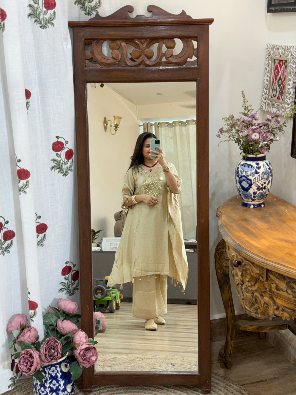Crushed Tissue Partywear Kaftan Set| With cotton lining in top & bottom | Real mirror work