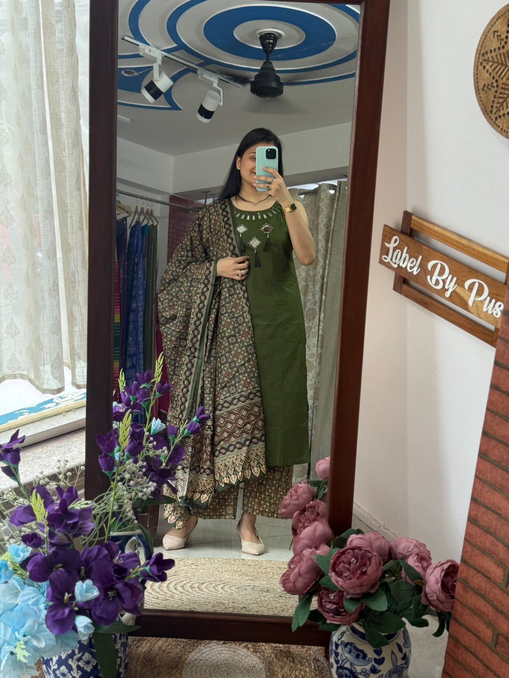 Green Ajrakh Sleeveless Suit Set