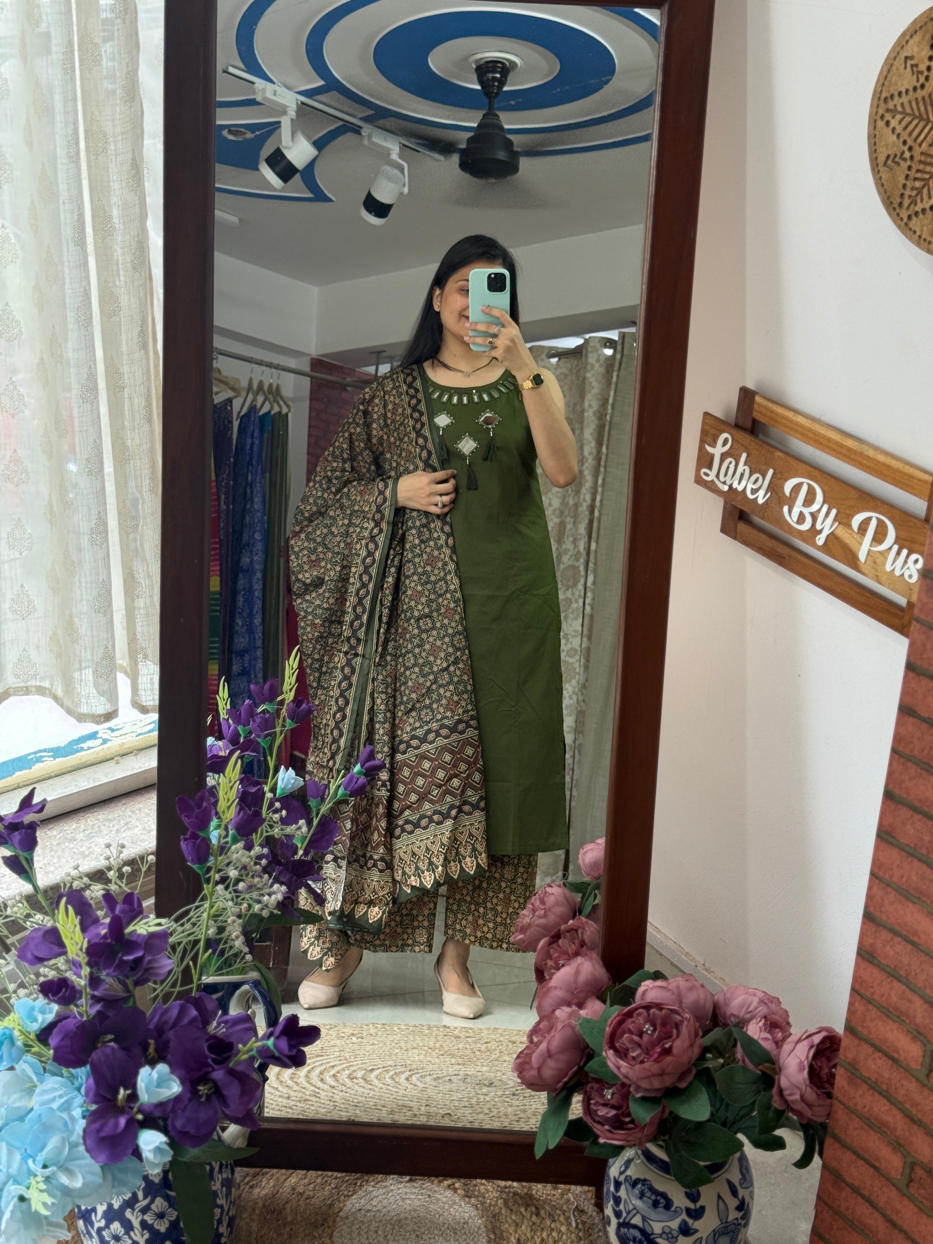 Green Ajrakh Sleeveless Suit Set
