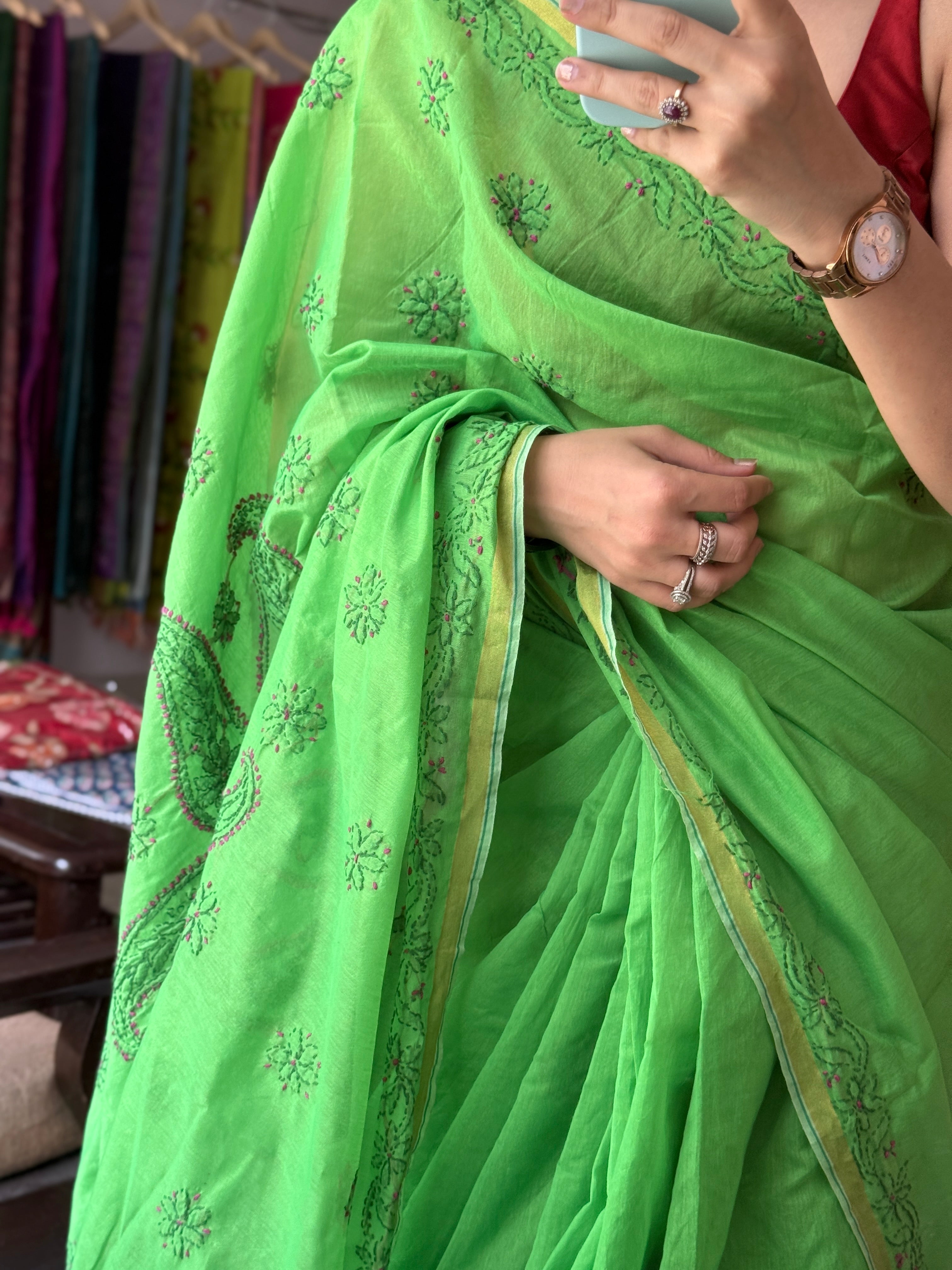 Green Hand Embroidered Chikanakri Saree| Mul Chanderi Fabric| With embroidered blouse