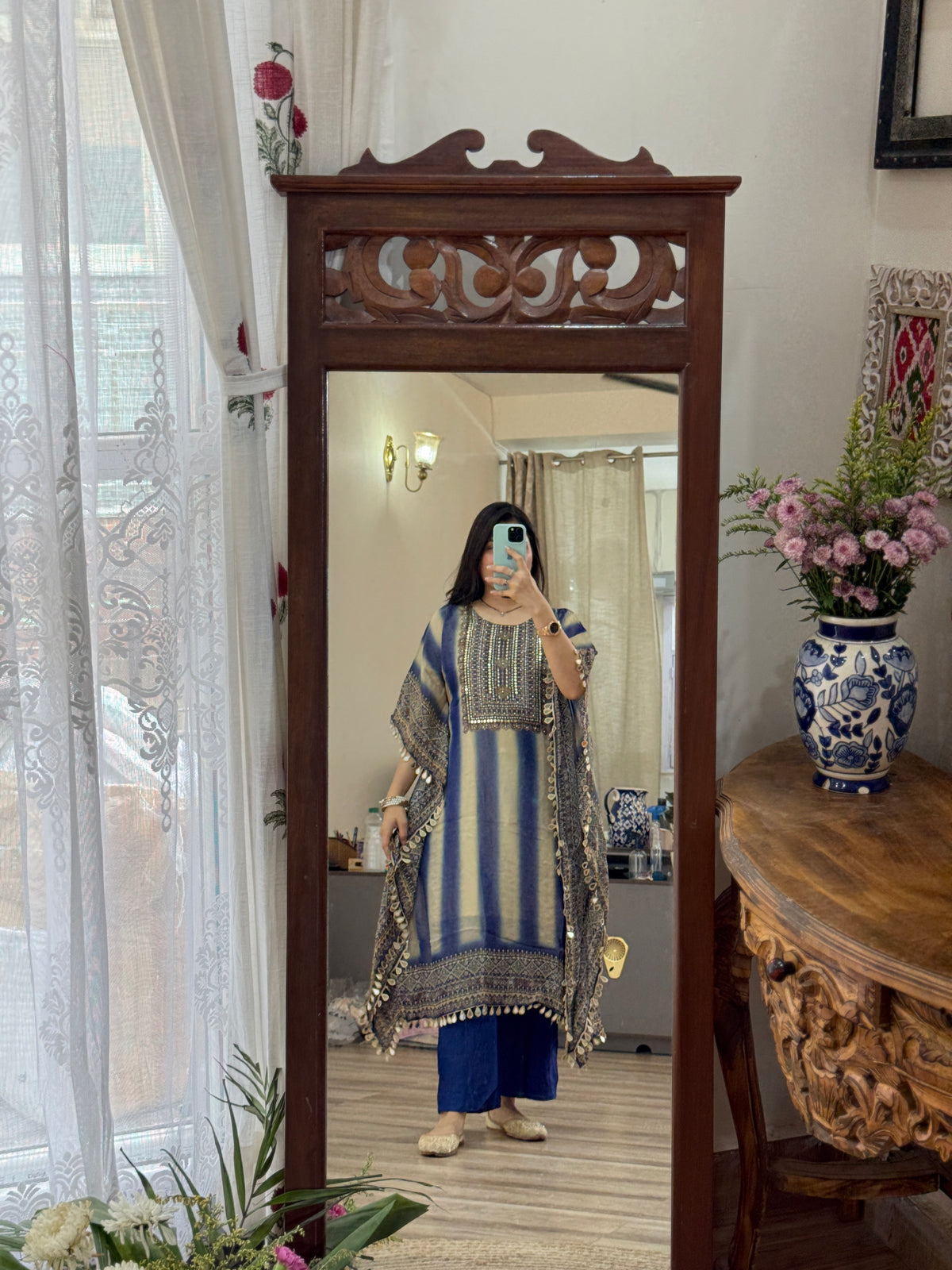 Tissue Shimmer Partywear Kaftan Set| With lining| Real mirror work| Hand Embroidered with