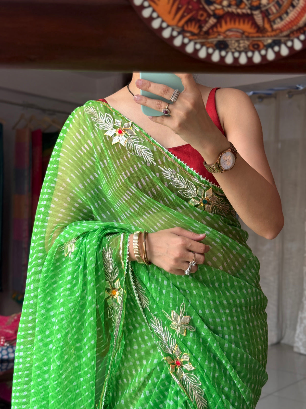Green Leheriya|Kaccha Gota work| With blouse| Chiffon