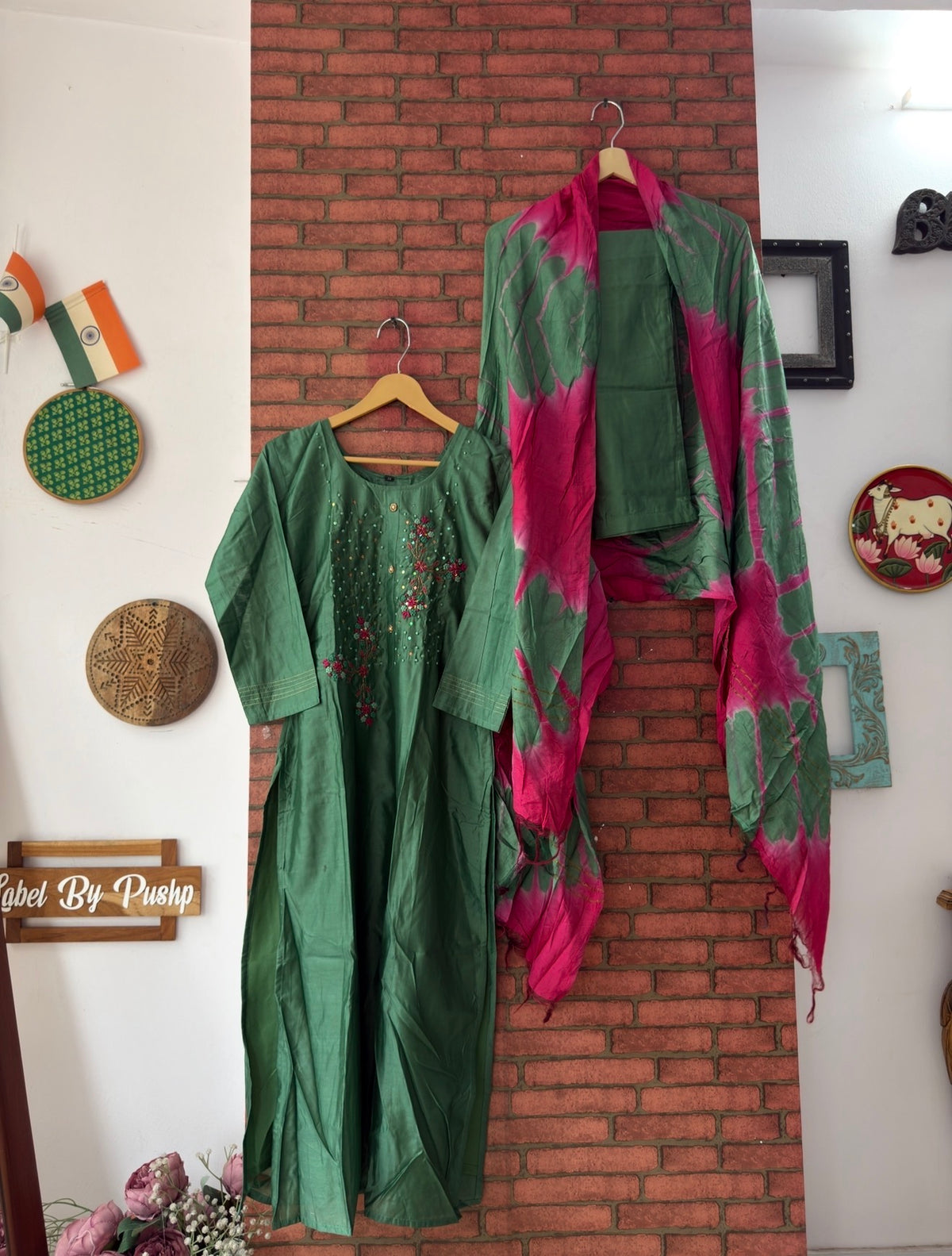 Pink - Green Suit |Cotton Silk | Embroidered