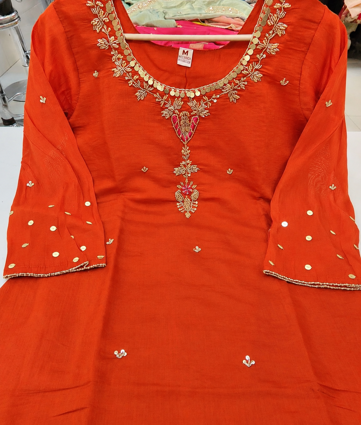 Rust Orange Mul Chanderi Suit | With cotton lining| Hand Embroidered| A line pattern| Tissue Duppata