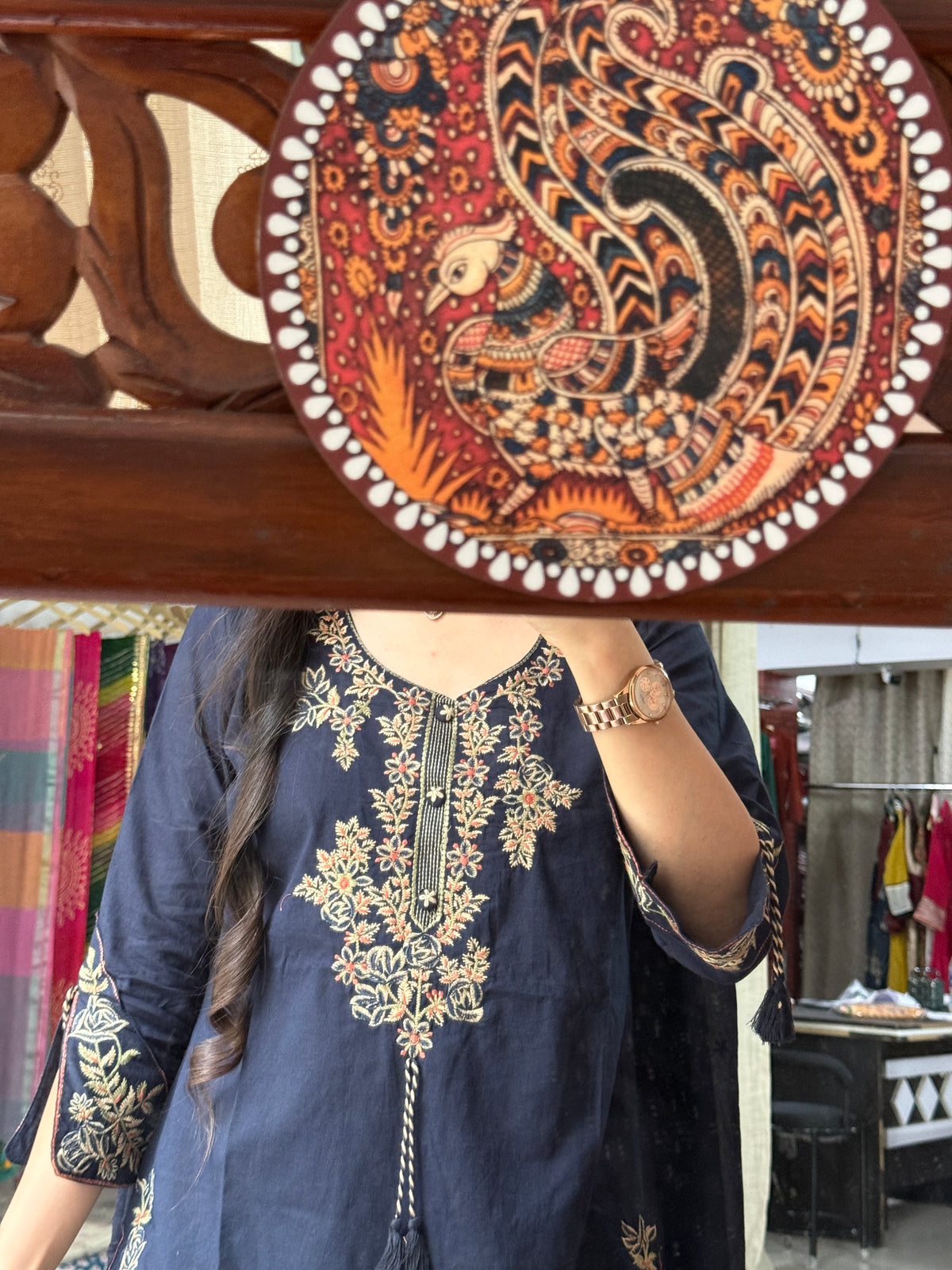 Blue Designer Cotton Suit Set with Embroidered Neckline & Designer sleeves and bottom with mul cotton embroidered Dupatta