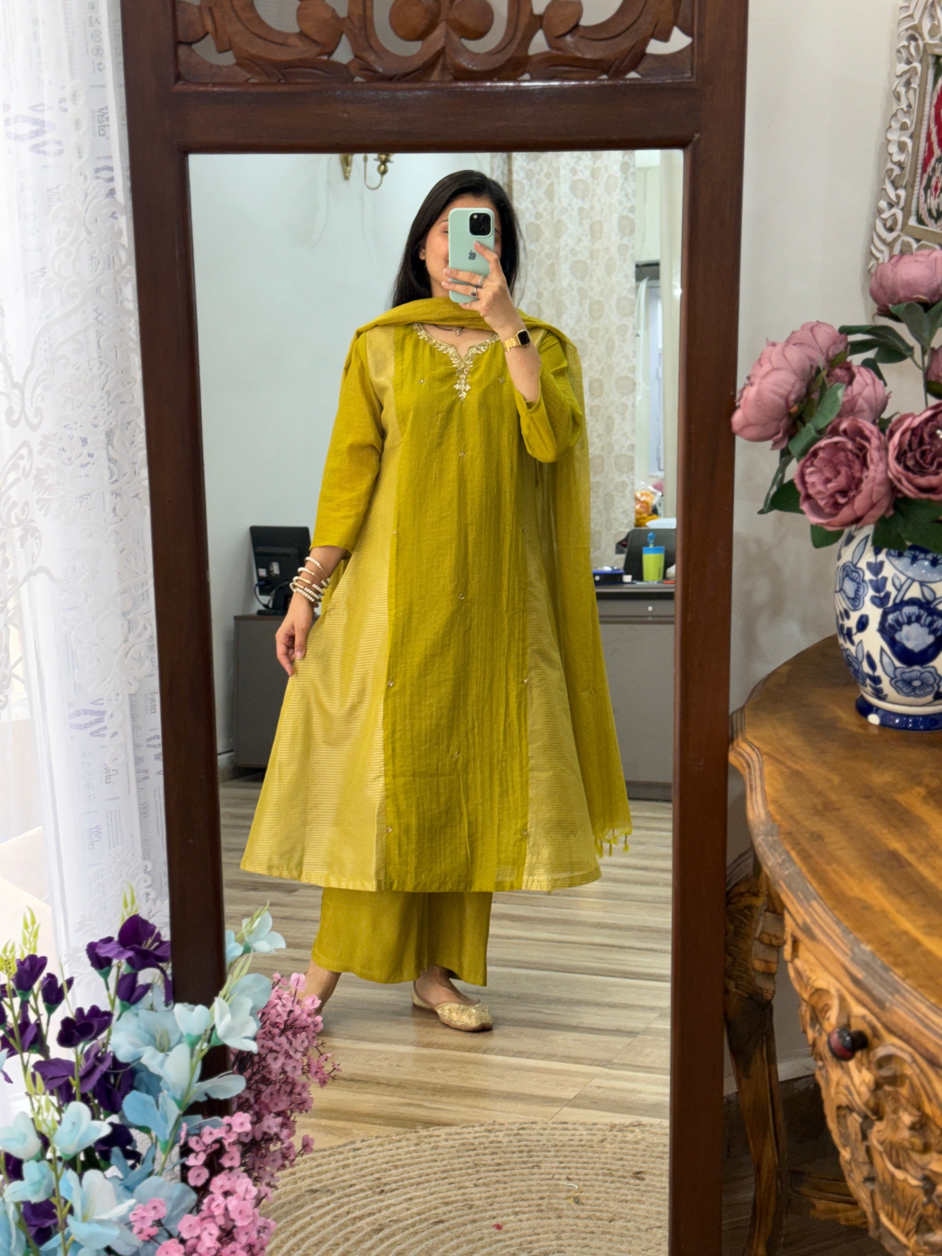 Mehendi Green Mul Chanderi Suit | Handloom Zari Beauty | Cotton lining| With Duppata|Classy & Elegant Suit Set
