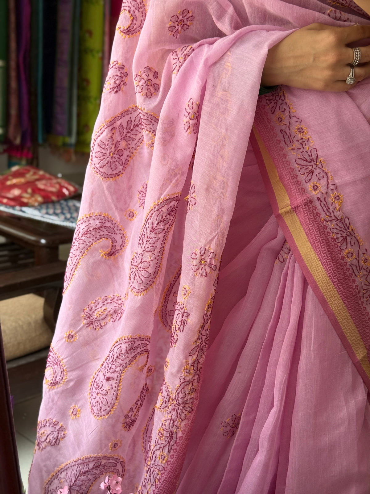 Baby Pink Hand Embroidered Chikanakri Saree| Mul Chanderi Fabric| With embroidered blouse