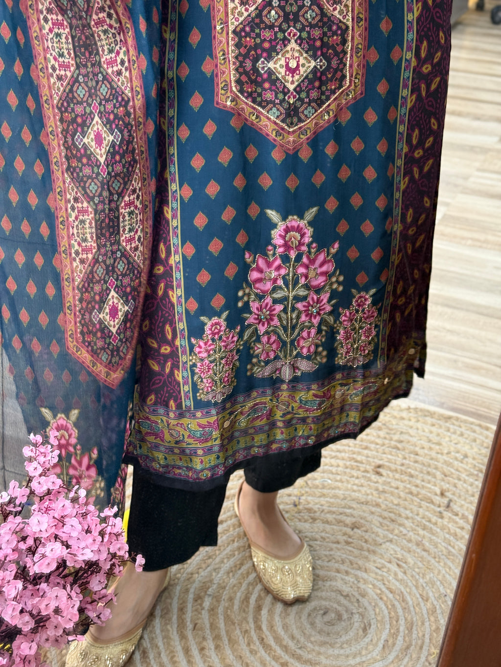 Designer Blue floral Suit Set with Hand Embroidery | Cotton Lining| BeautifulDuppata | Muslin