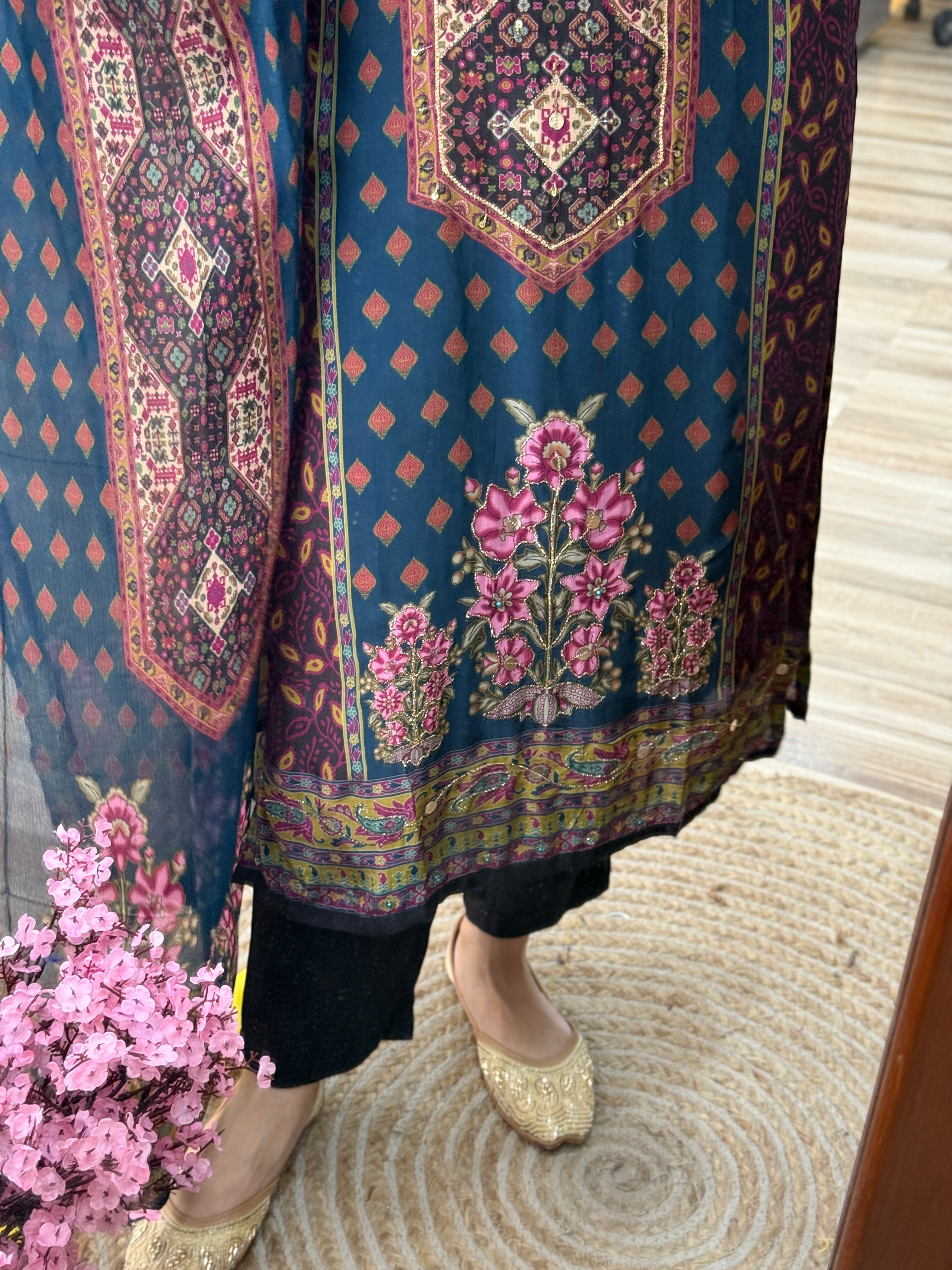 Designer Blue floral Suit Set with Hand Embroidery | Cotton Lining| BeautifulDuppata | Muslin