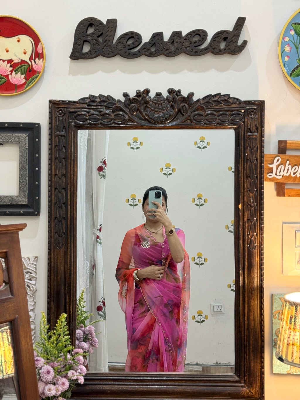 Pink Multicolour  |Pure Georgette Digital Printed Saree| Handwork cutdana detailing| Without blouse
