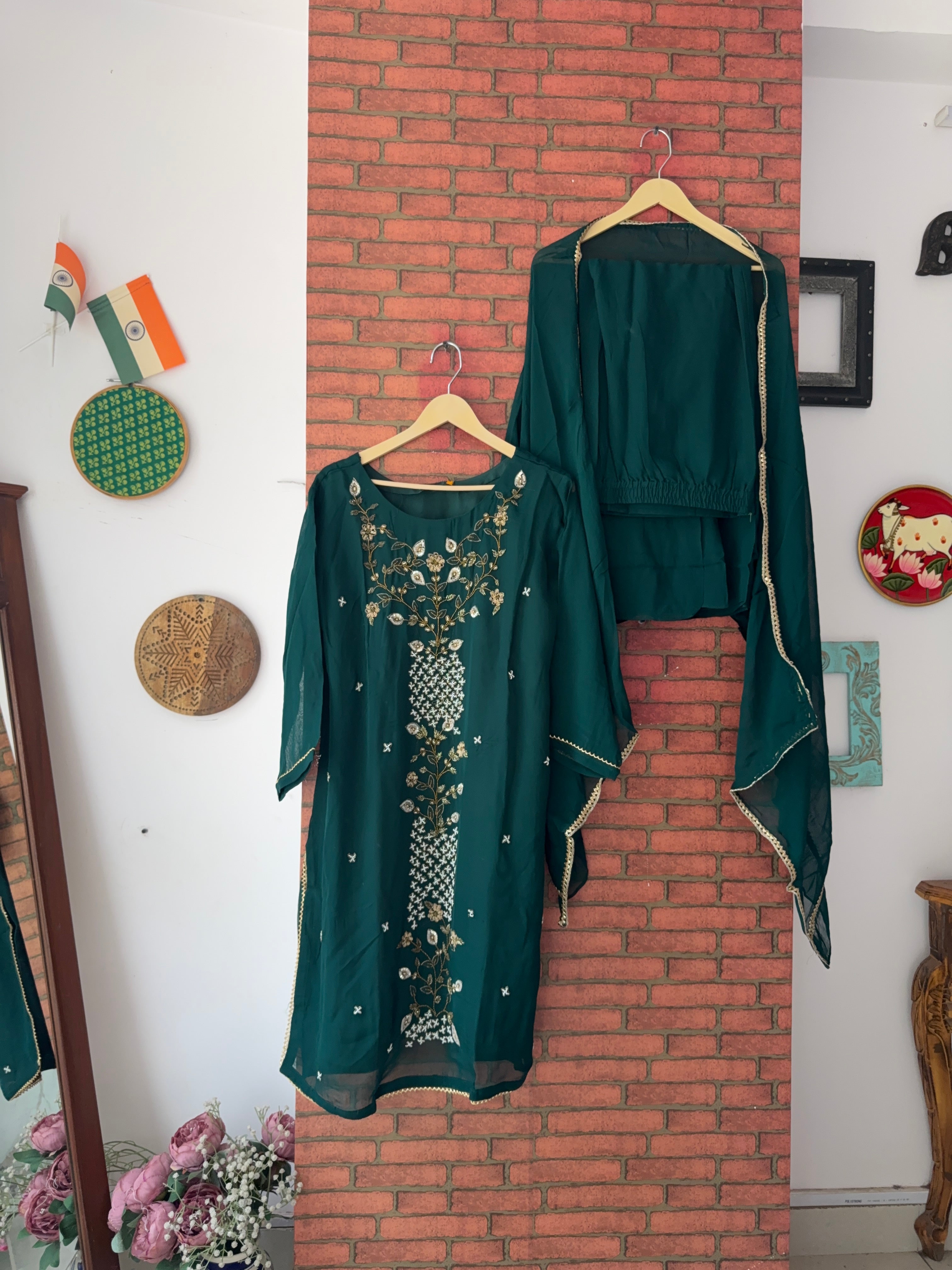 Green Sharara Set|With lining| Hand embroidered