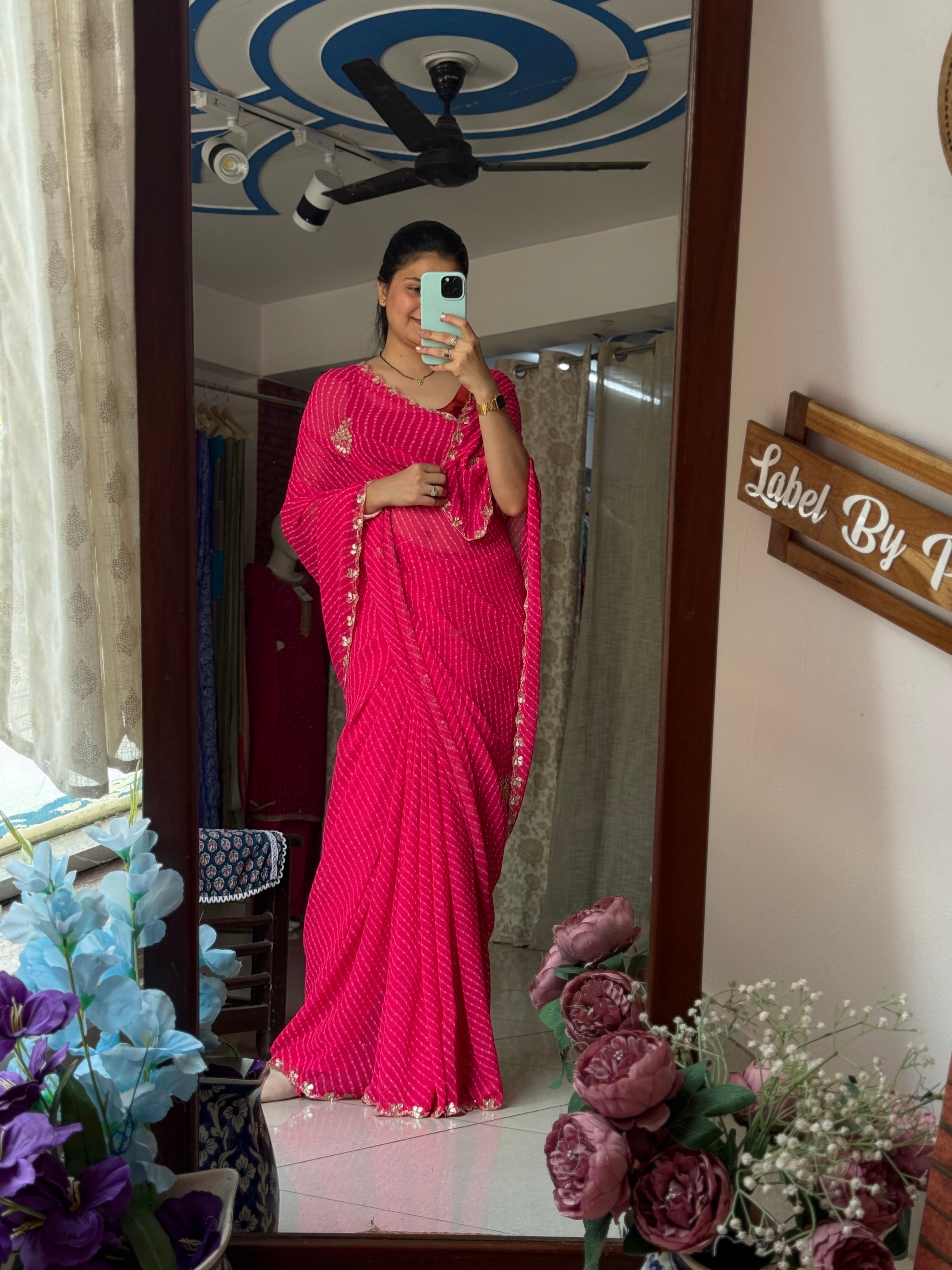 Pink Leheriya | Pure Georgette Handblock Digital Printed Saree| Handwork cutdana buta detailing| With blouse
