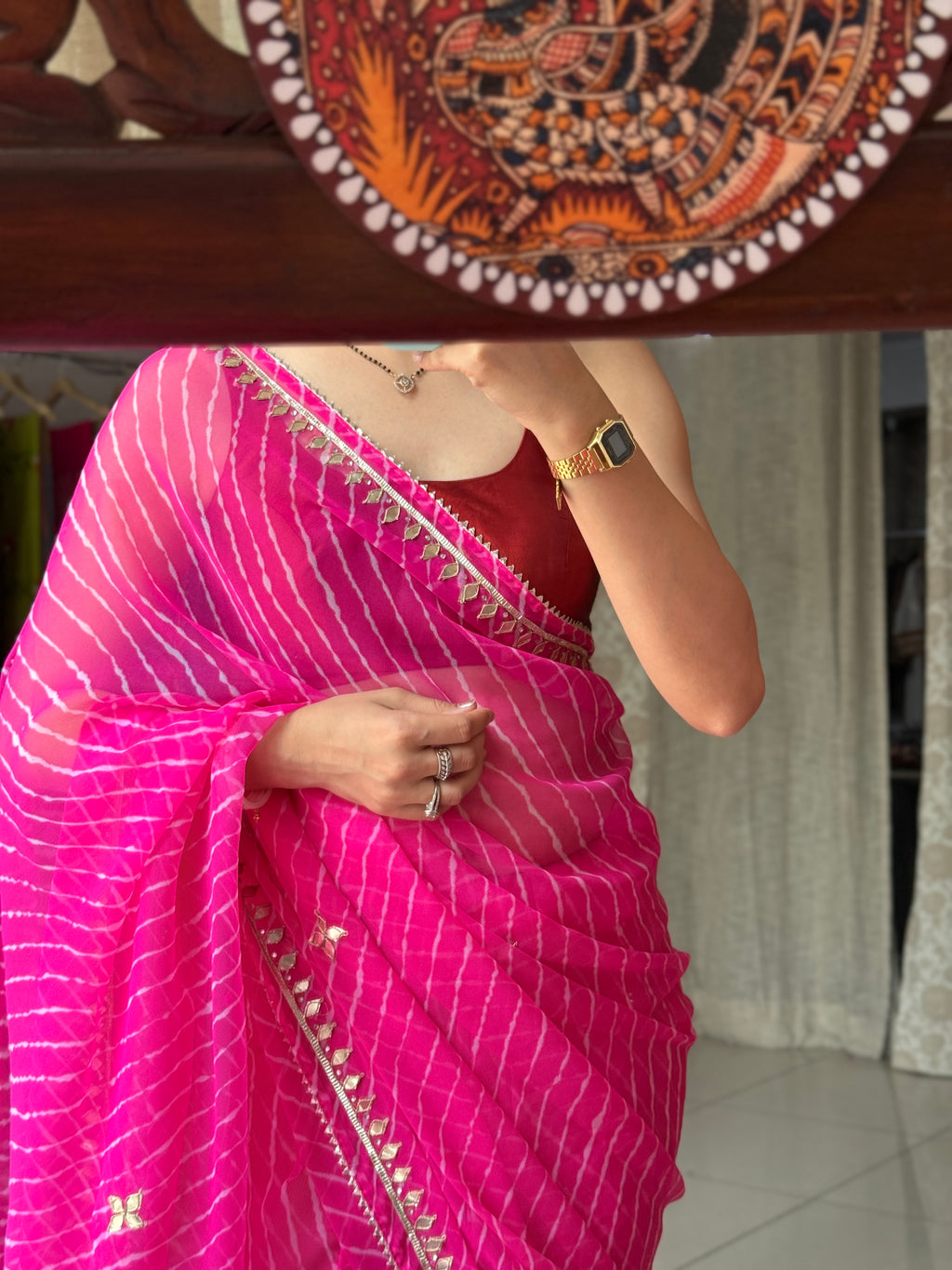 Pink  Chiffon Leheriya Saree|  Handwork Gota patti work| With blouse