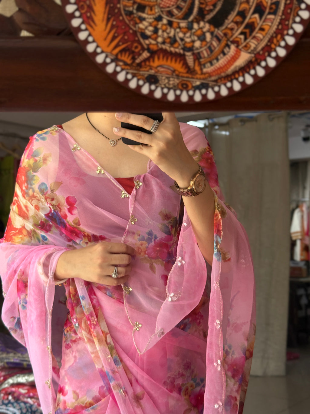 Powder pink |Pure Georgette Digital Printed Saree| Handwork cutdana detailing| Without blouse