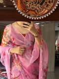 Powder pink |Pure Georgette Digital Printed Saree| Handwork cutdana detailing| Without blouse
