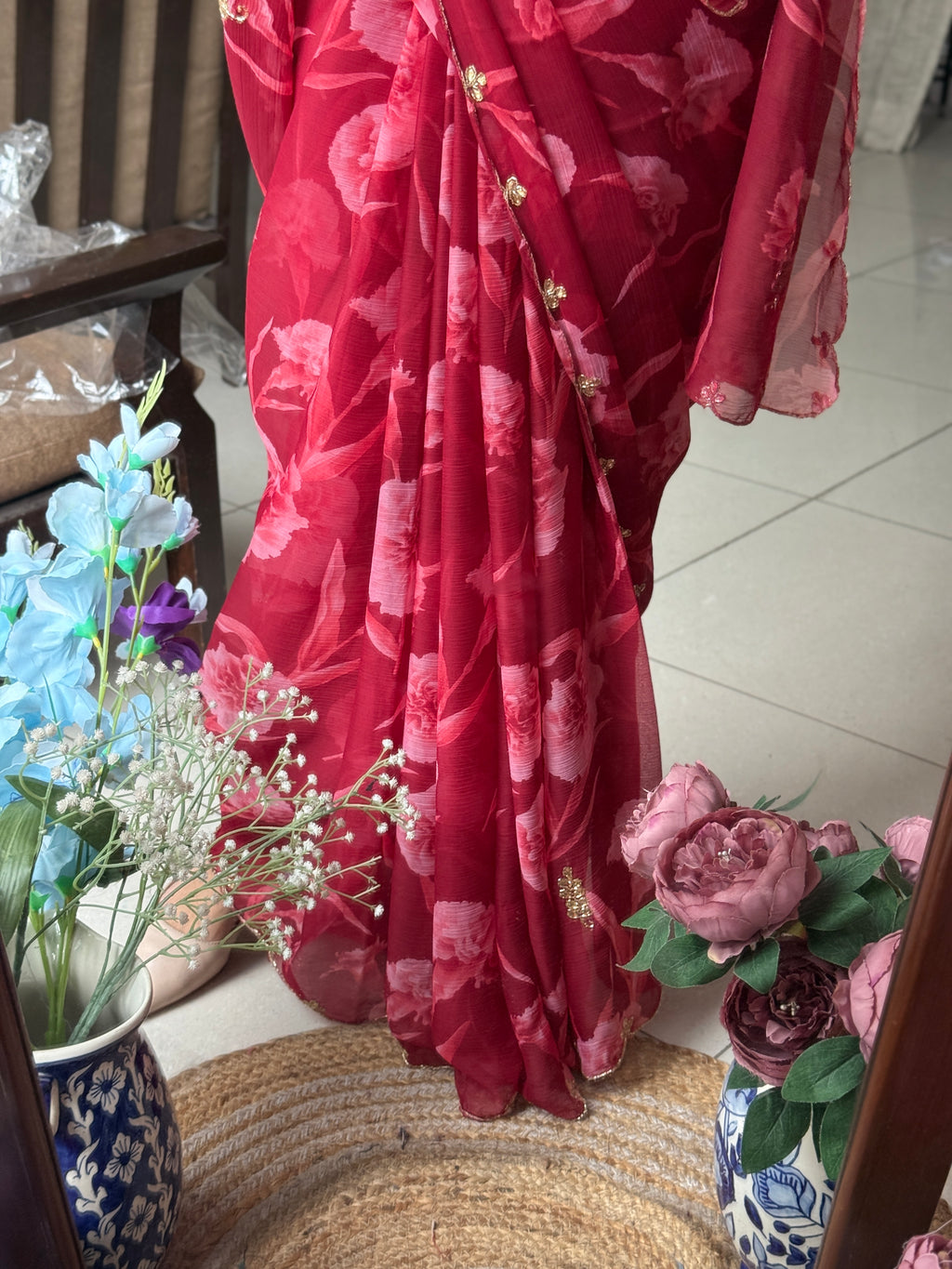 Red Pure Georgette Handblock Digital Printed Saree| Handwork cutdana detailing| Without blouse
