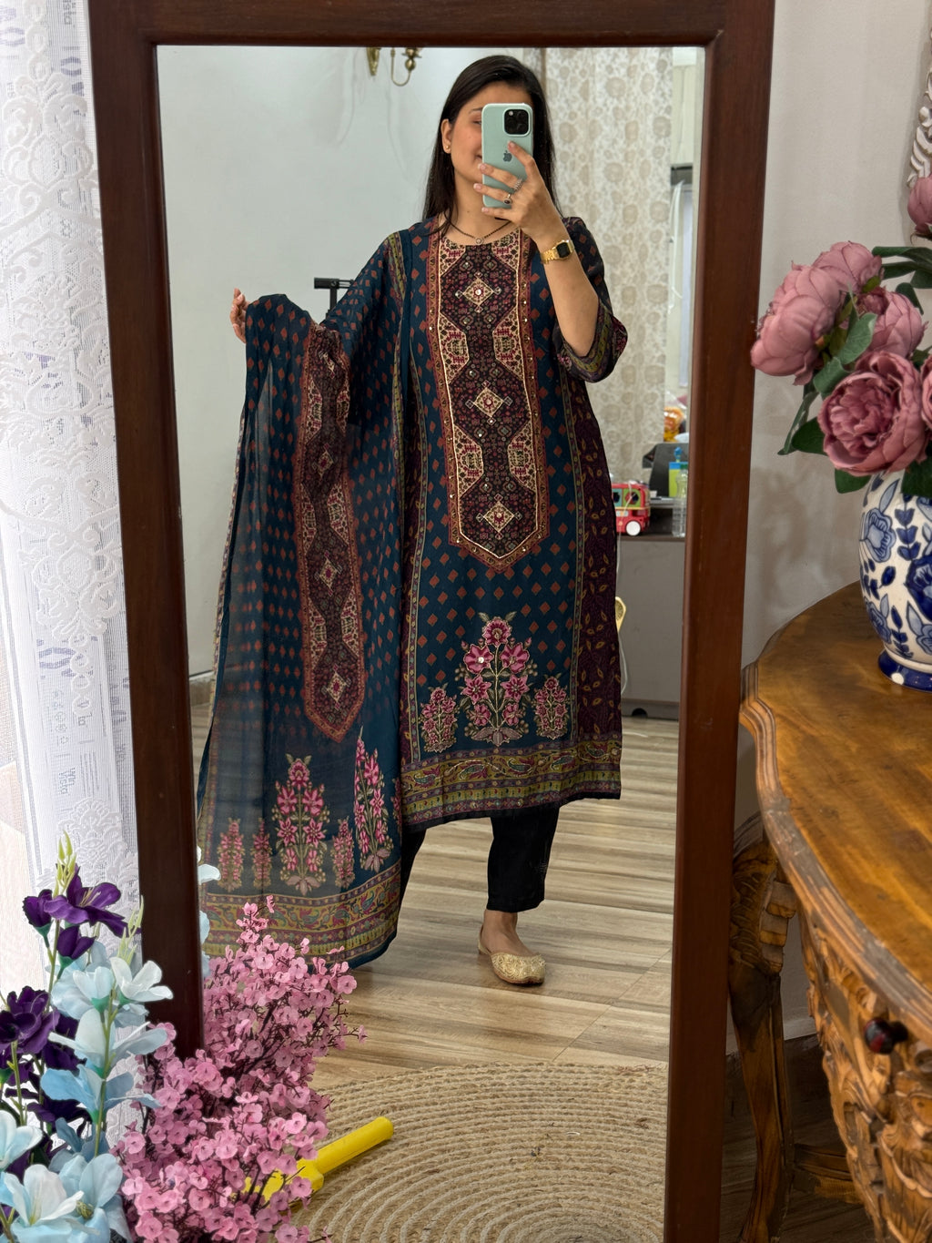 Designer Blue floral Suit Set with Hand Embroidery | Cotton Lining| BeautifulDuppata | Muslin