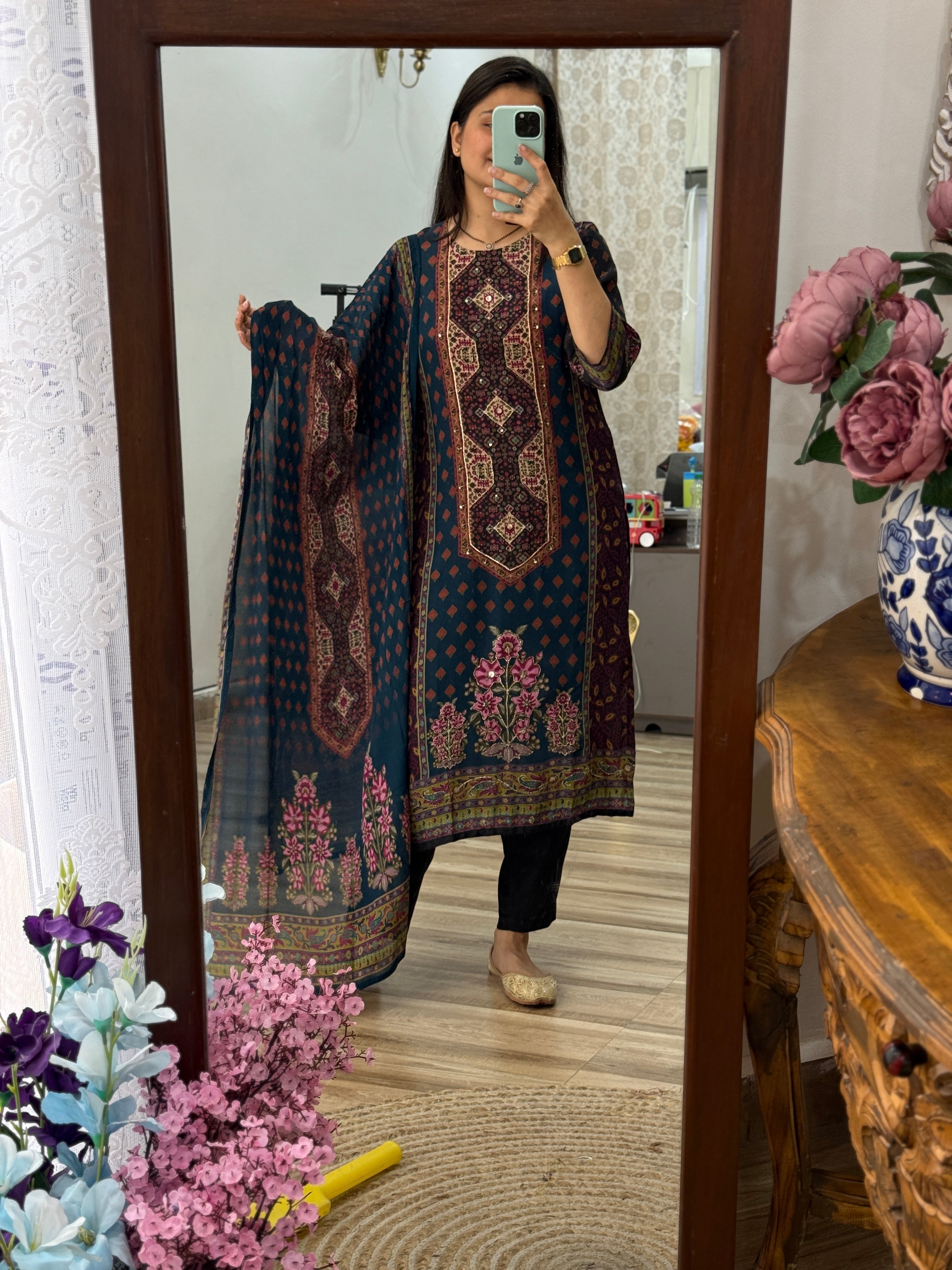 Designer Blue floral Suit Set with Hand Embroidery | Cotton Lining| BeautifulDuppata | Muslin