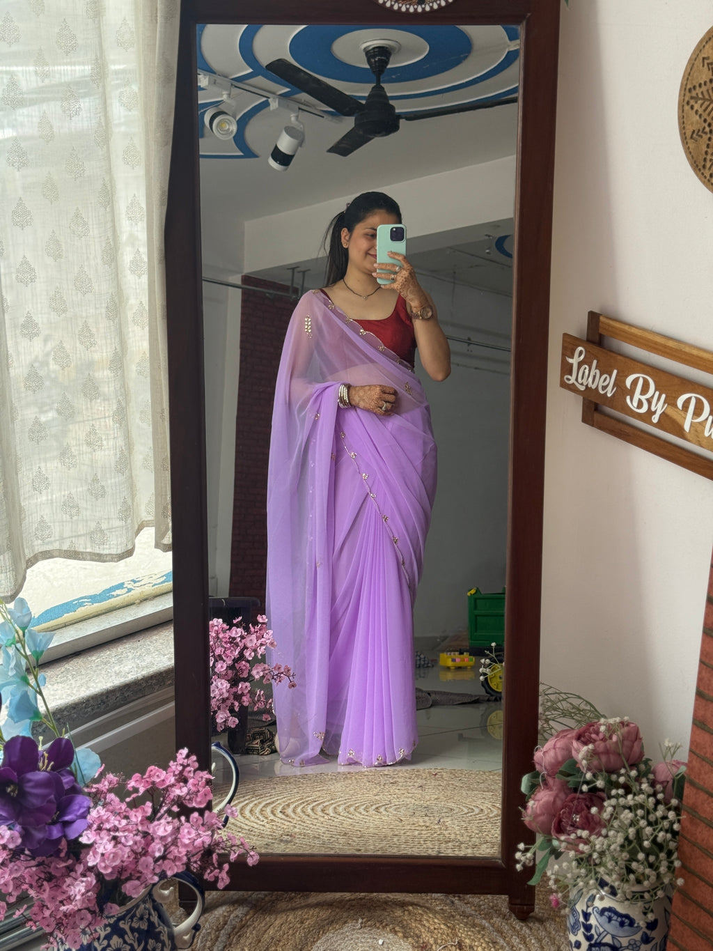Lilac Pure Georgette Saree| Handwork cutdana detailing| With blouse