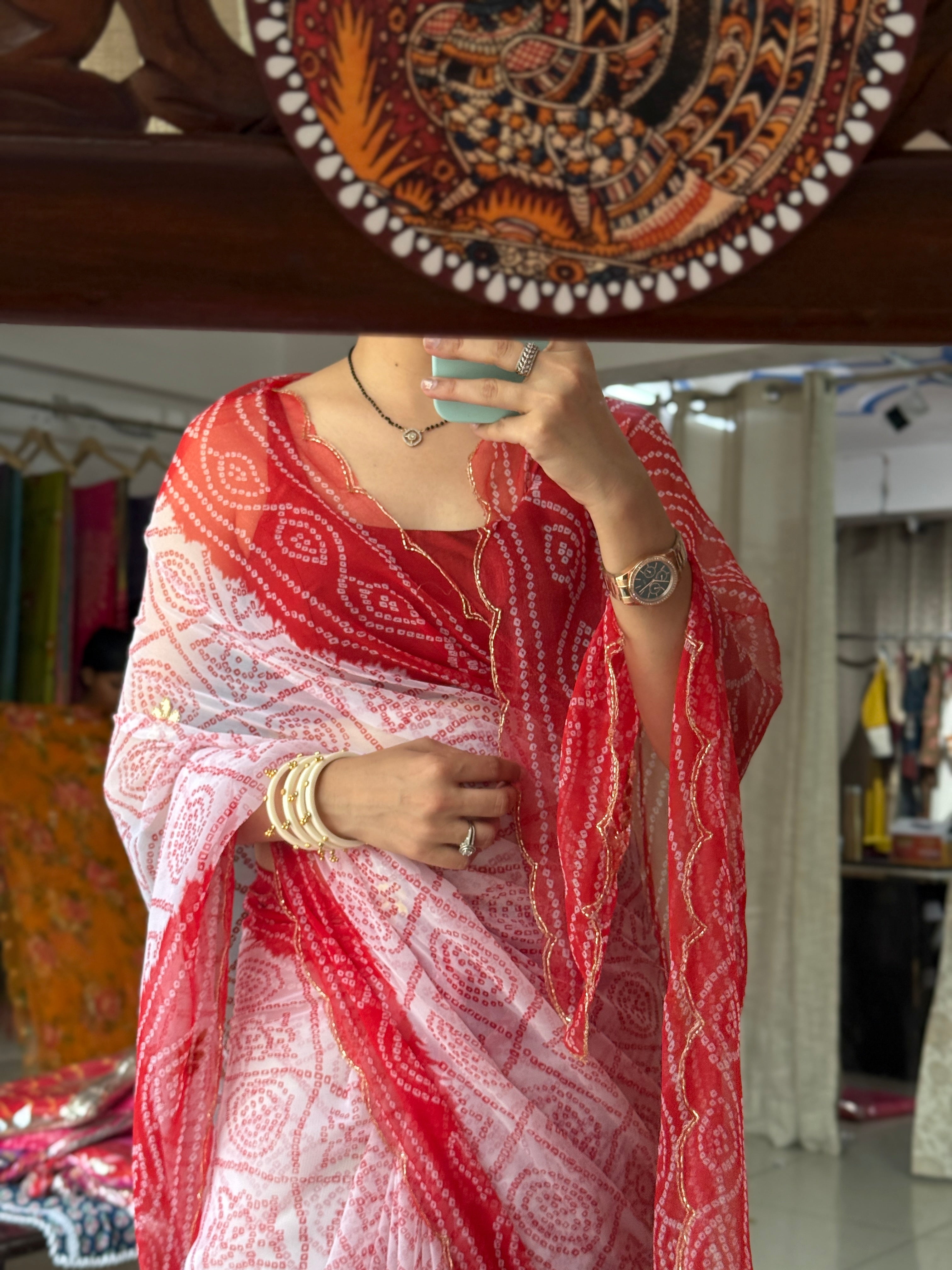 Red phaag |Pure Georgette Digital Printed Saree| Handwork cutdana butas | Without blouse