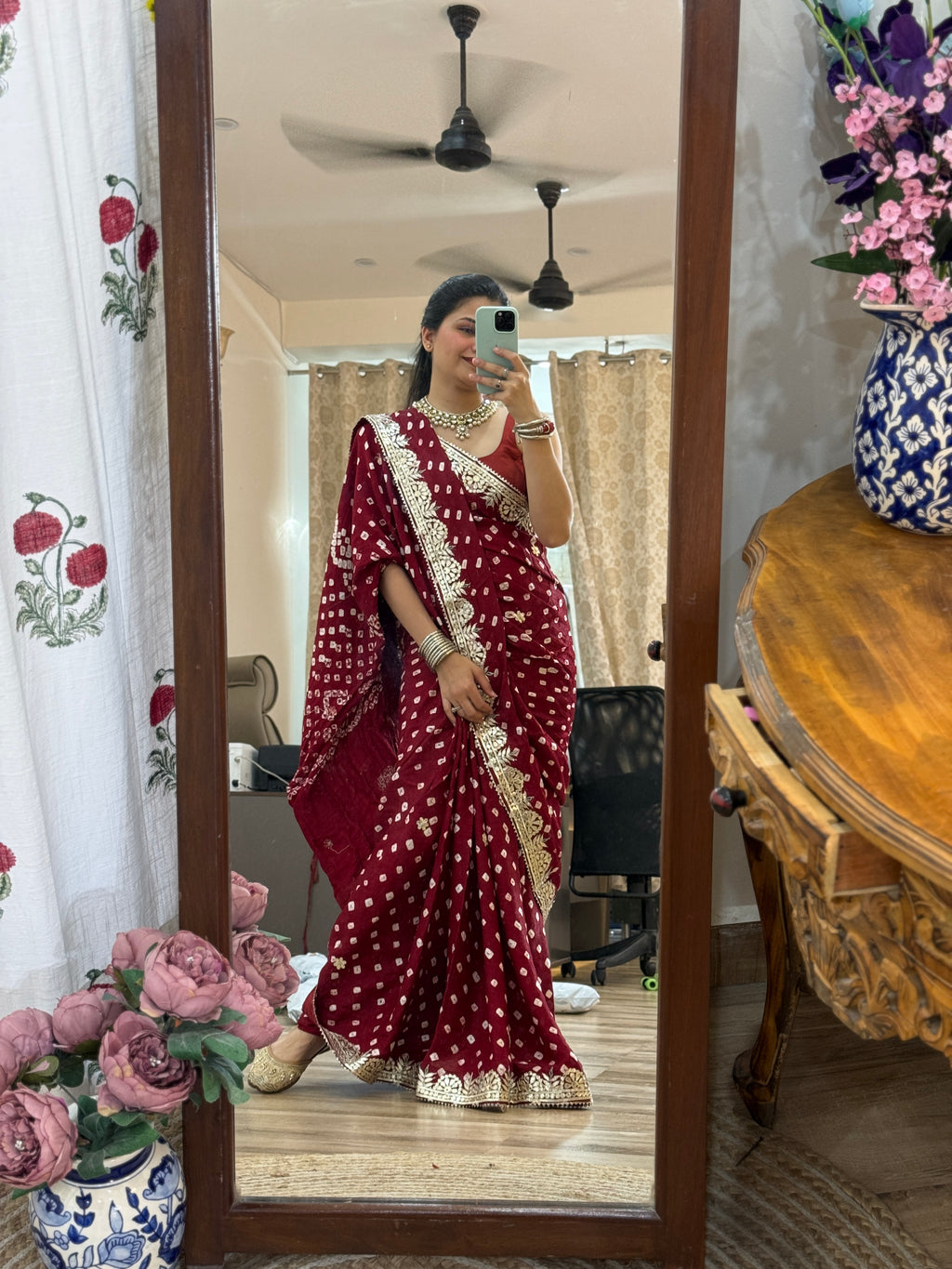 Maroon Pure Gaji Silk Bandhani Saree with Gotta Patti Handwork|Comes with blouse | Premium Handwork Saree
