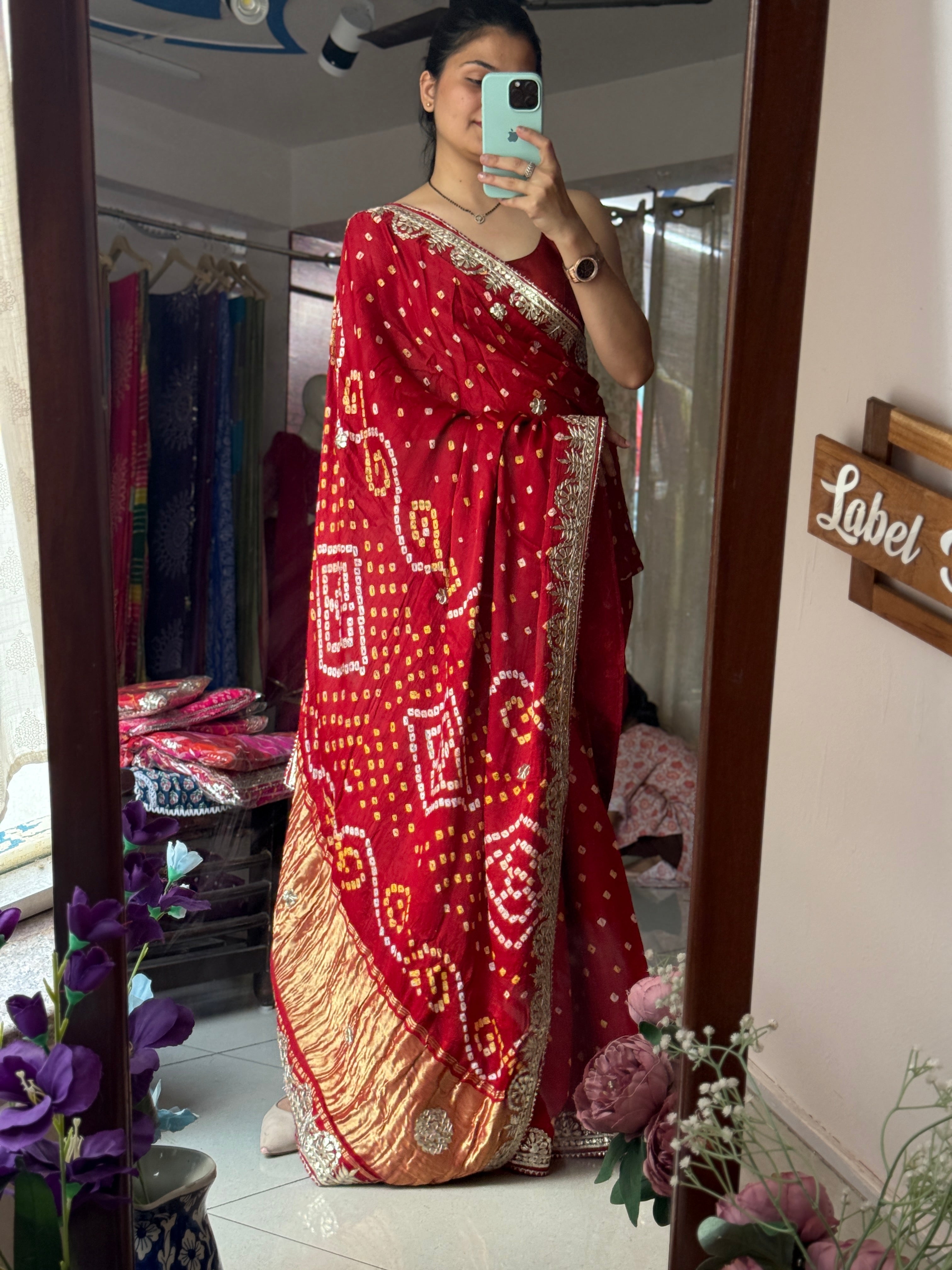 Red Pure Gaji Silk Bandhani Saree with Gotta Patti Handwork|Comes with blouse | Premium Handwork Saree