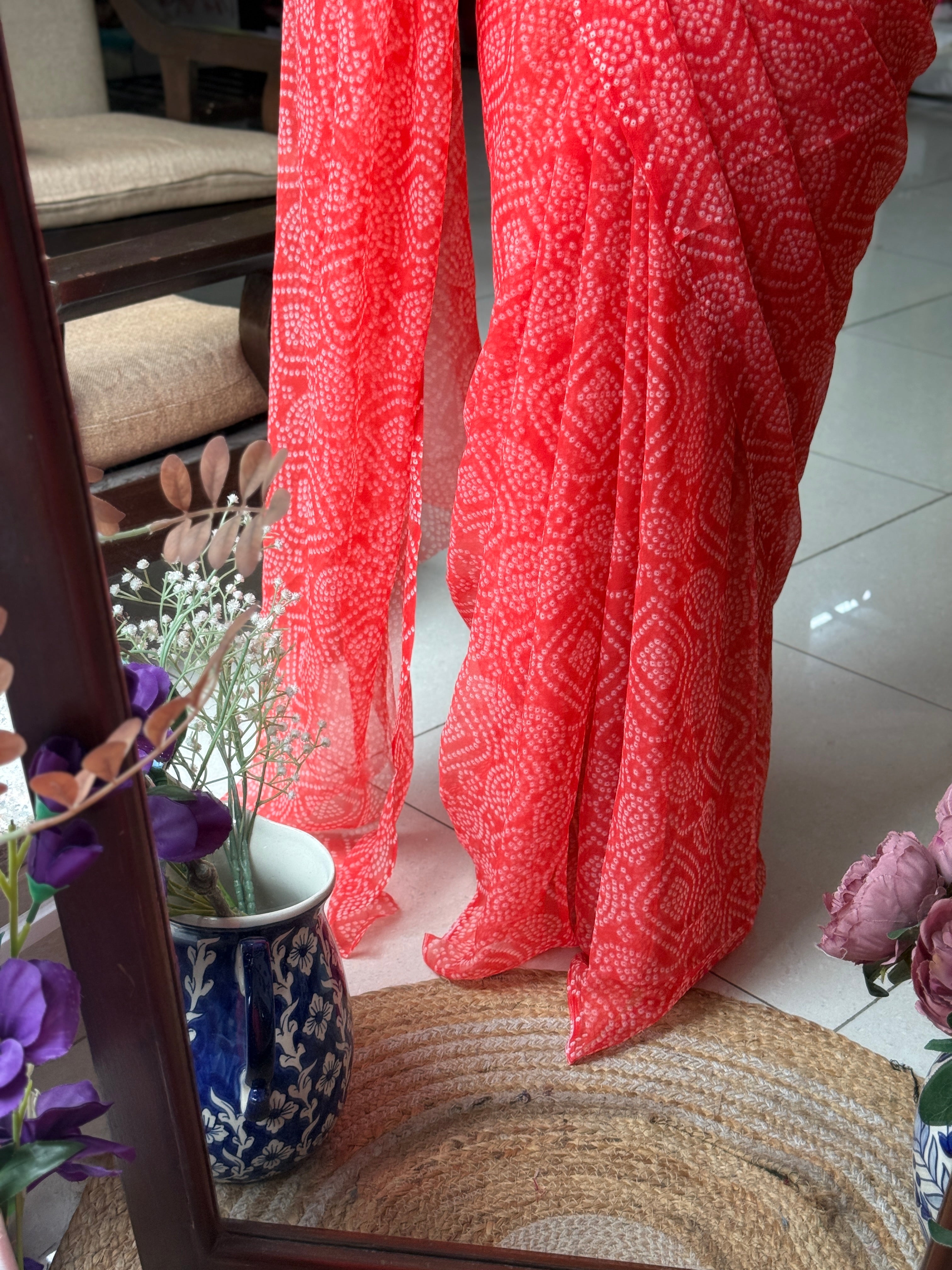 Red Georgette Bandhani Saree|without blouse| Budget Friendly