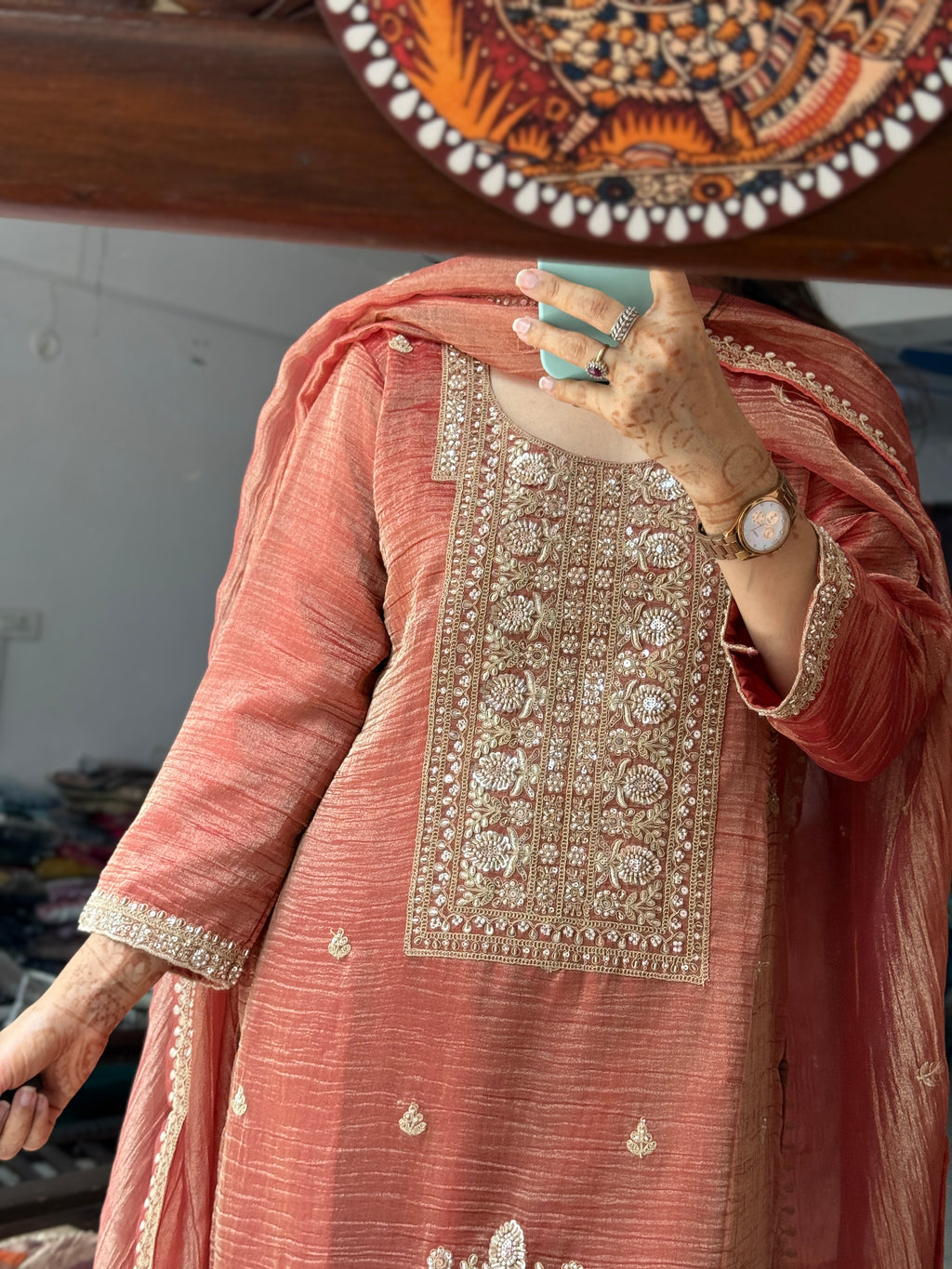Peachy Orange Crushed tissue Suit Set |Cotton lining | Hand Embroidered |Heavy Duppatta