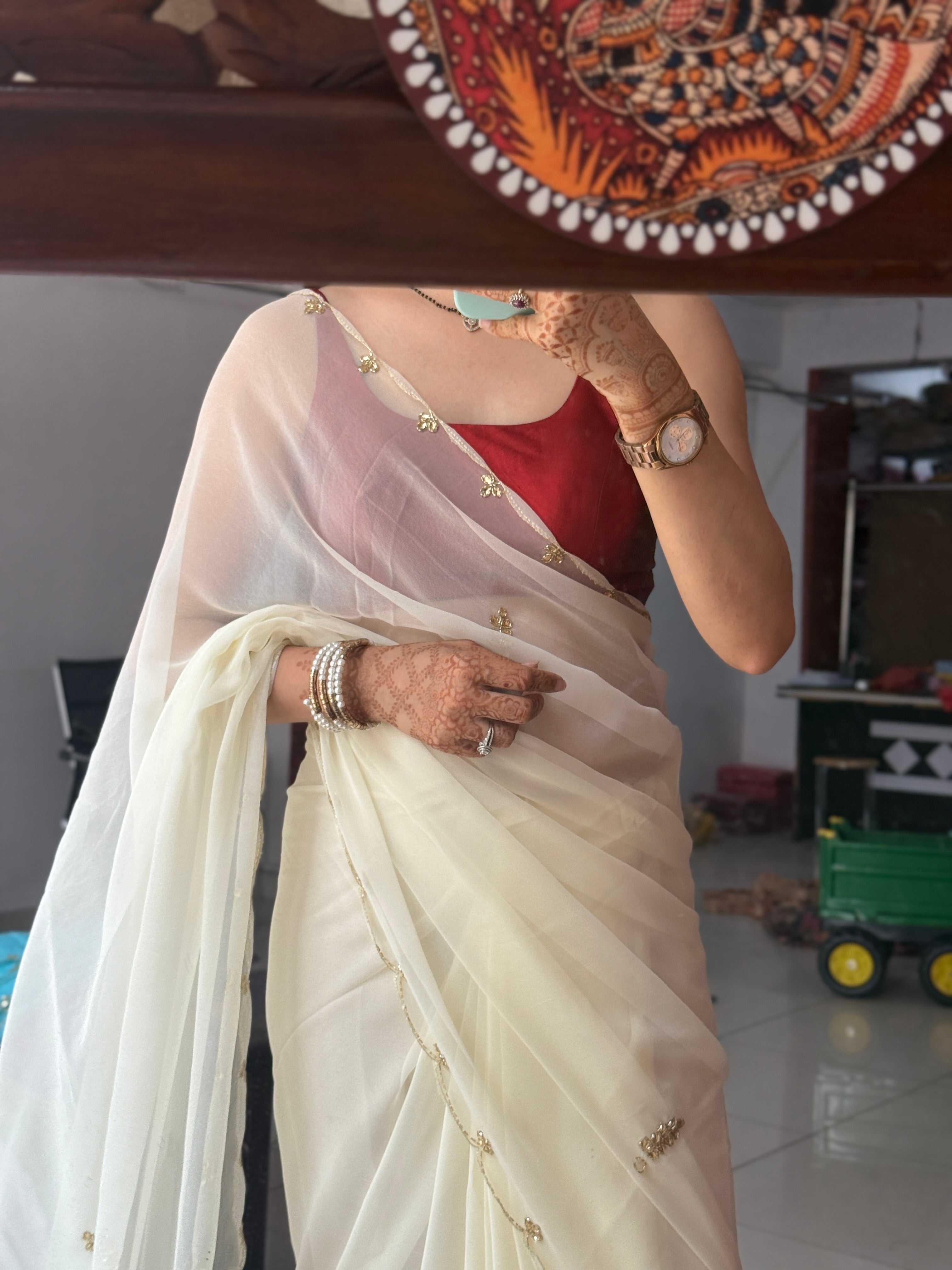 Off White Pure Georgette Saree| Handwork cutdana detailing| With blouse